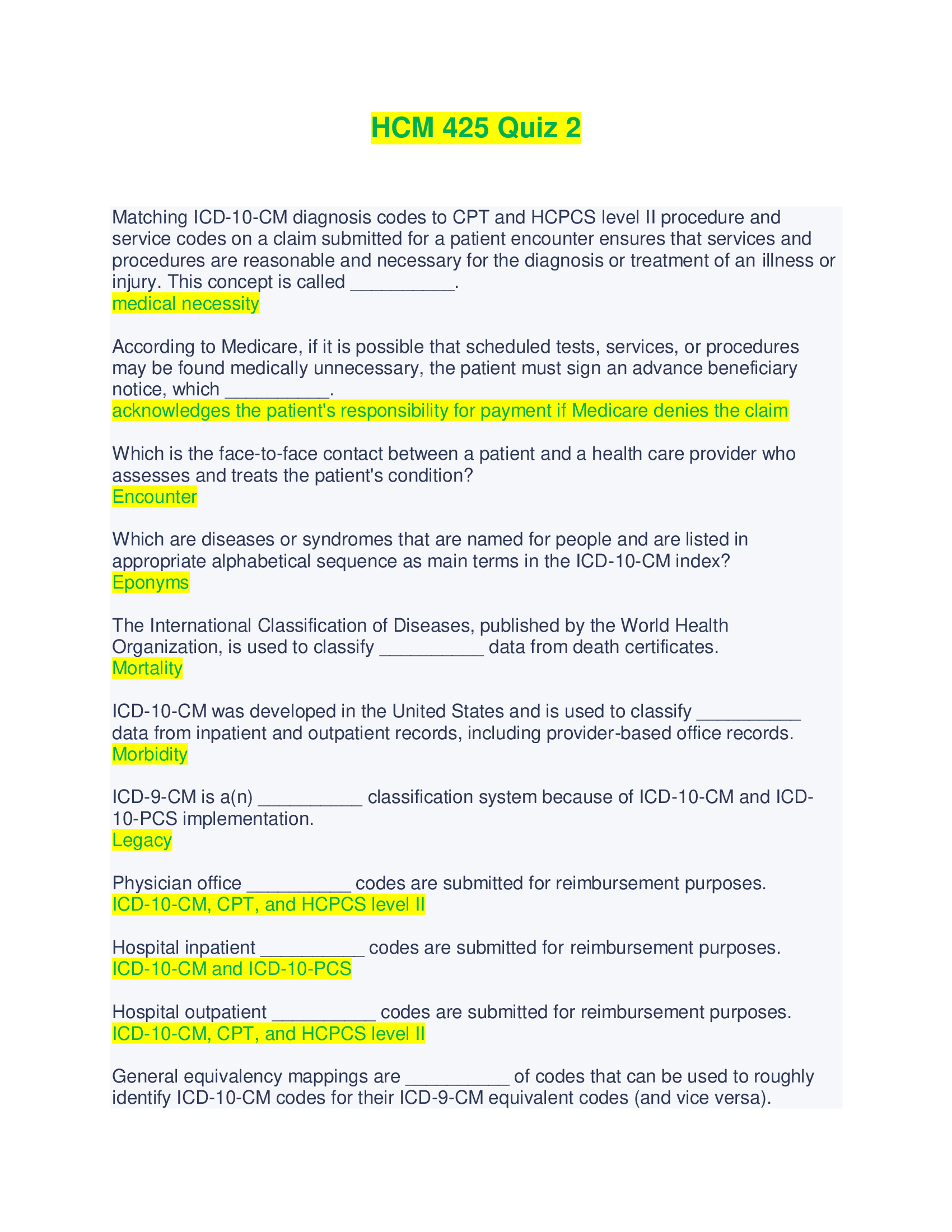 HCM 425 Quiz 2 - Questions and Answers