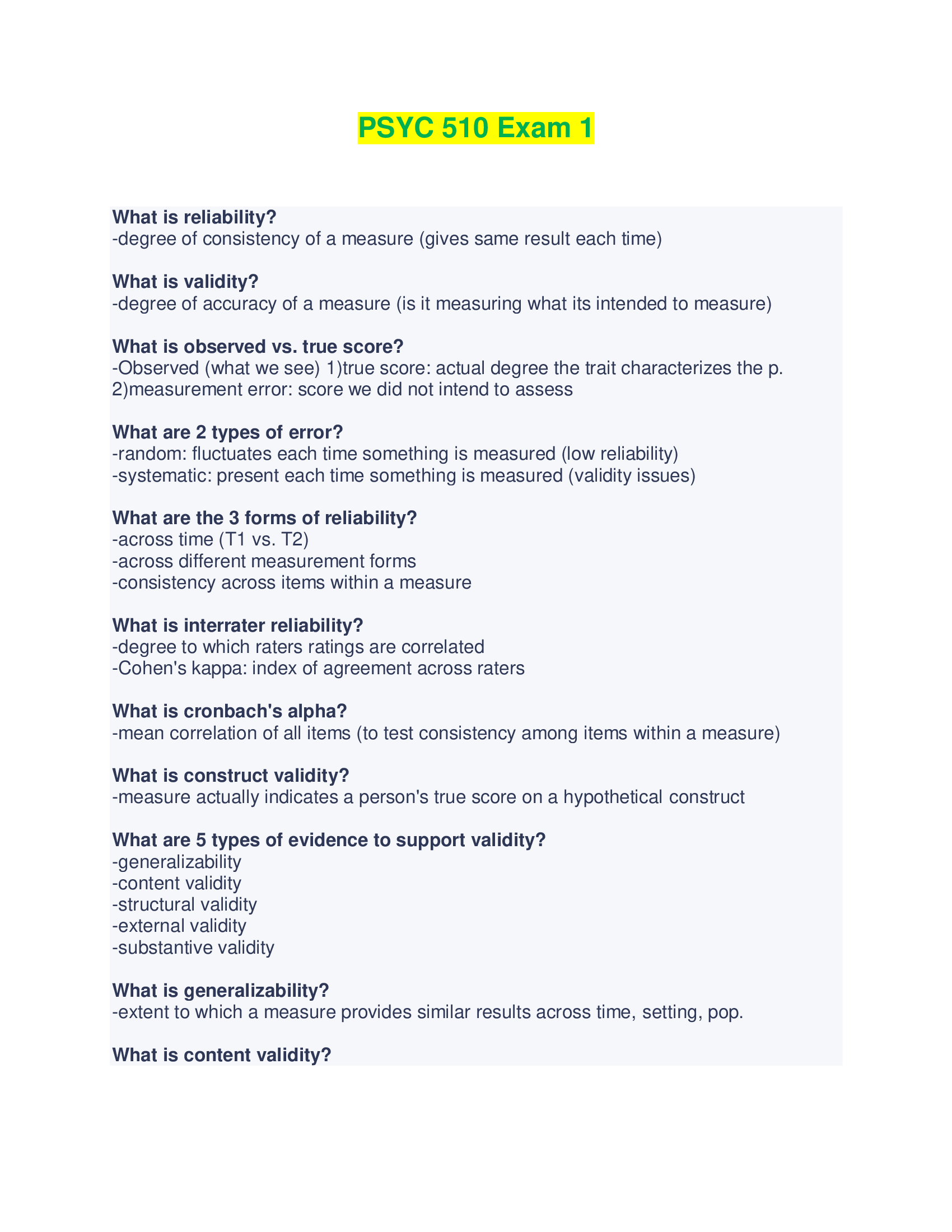 PSYC 510 Exam 1 - Questions and Answers