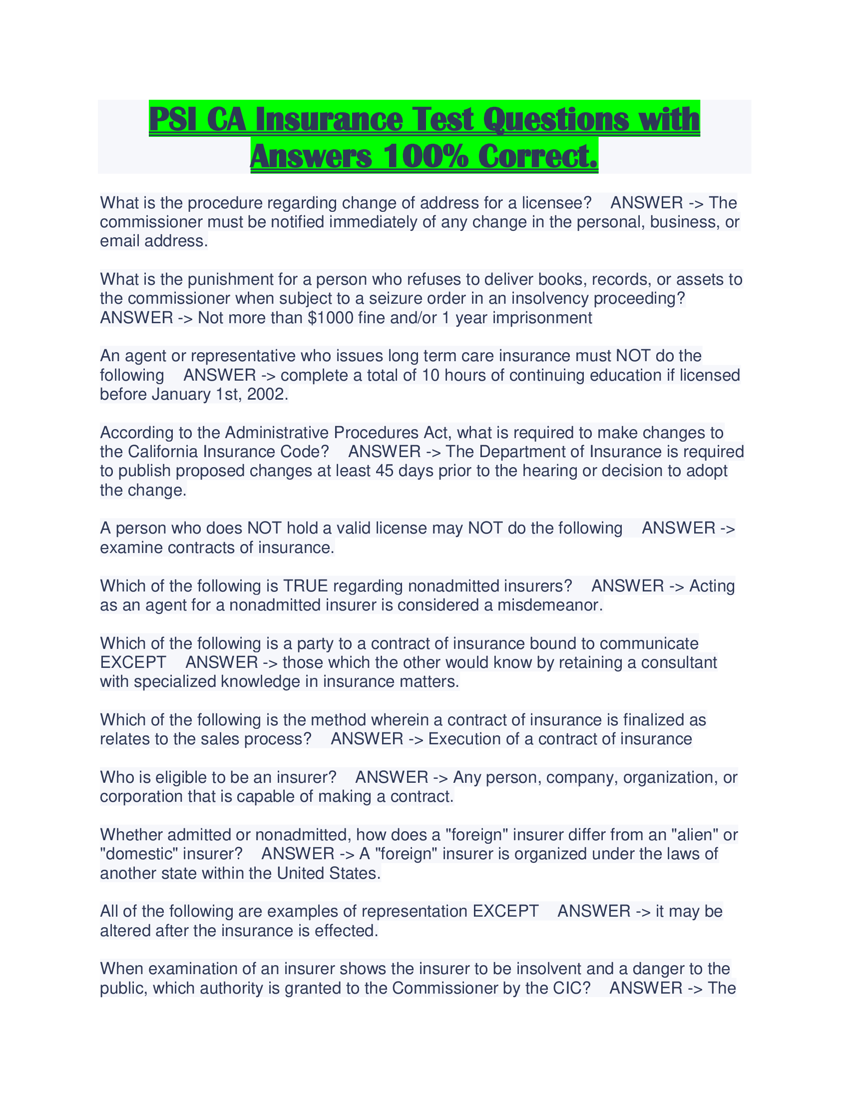 PSI CA Insurance Test Questions with Answers 100 Percent Correct.