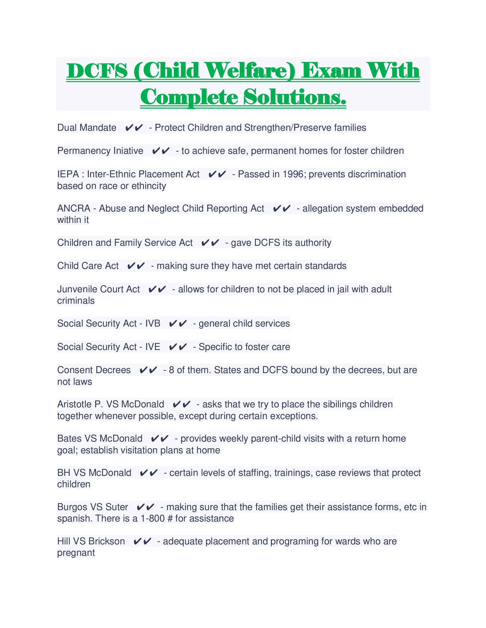 DCFS (Child Welfare) Exam With Complete Solutions.