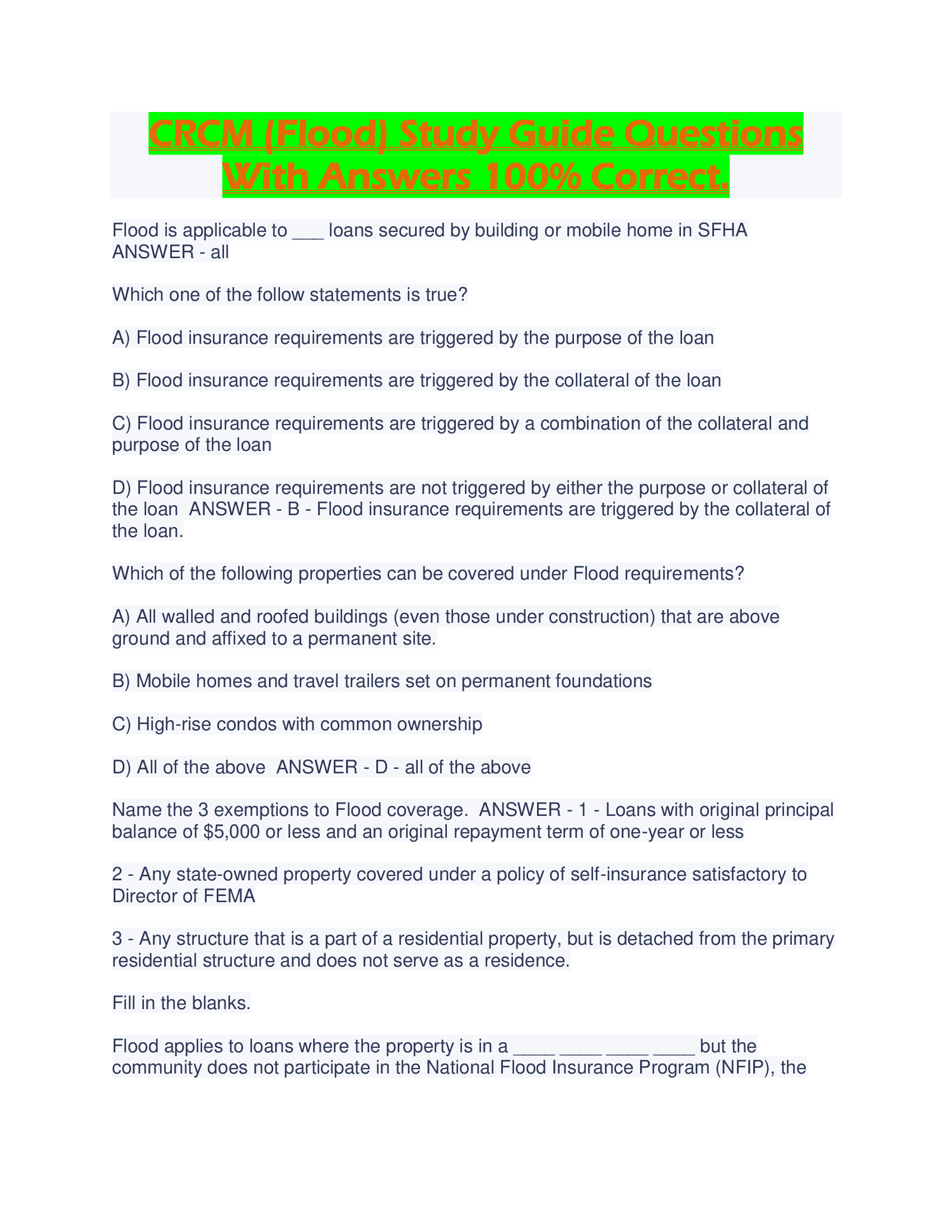 CRCM (Flood) Study Guide Questions With Answers 100% Correct.