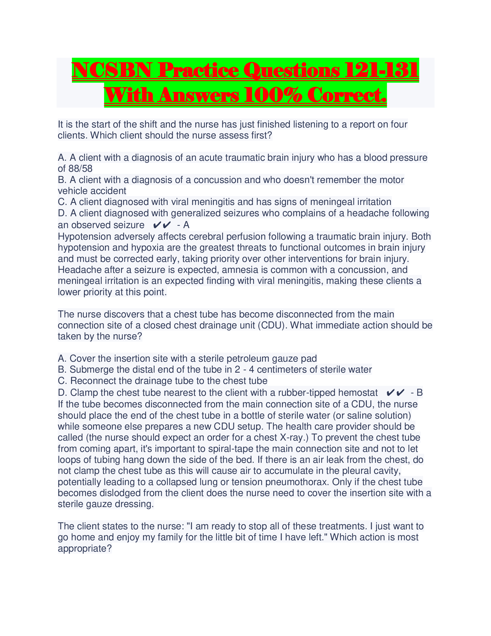 NCSBN Practice Questions 121-131 With Answers 100 Percent Correct.
