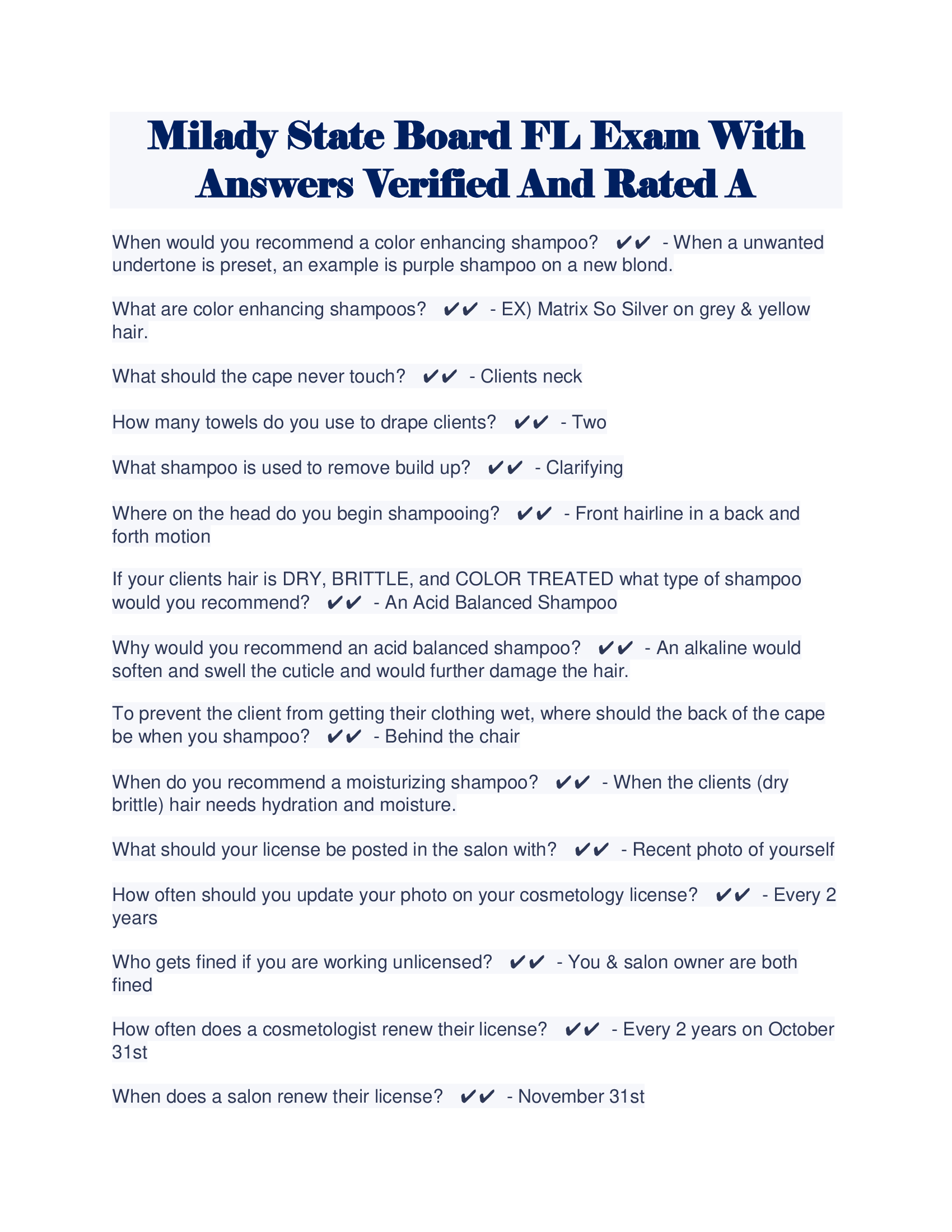 Milady State Board FL Exam With Answers Verified And Rated A
