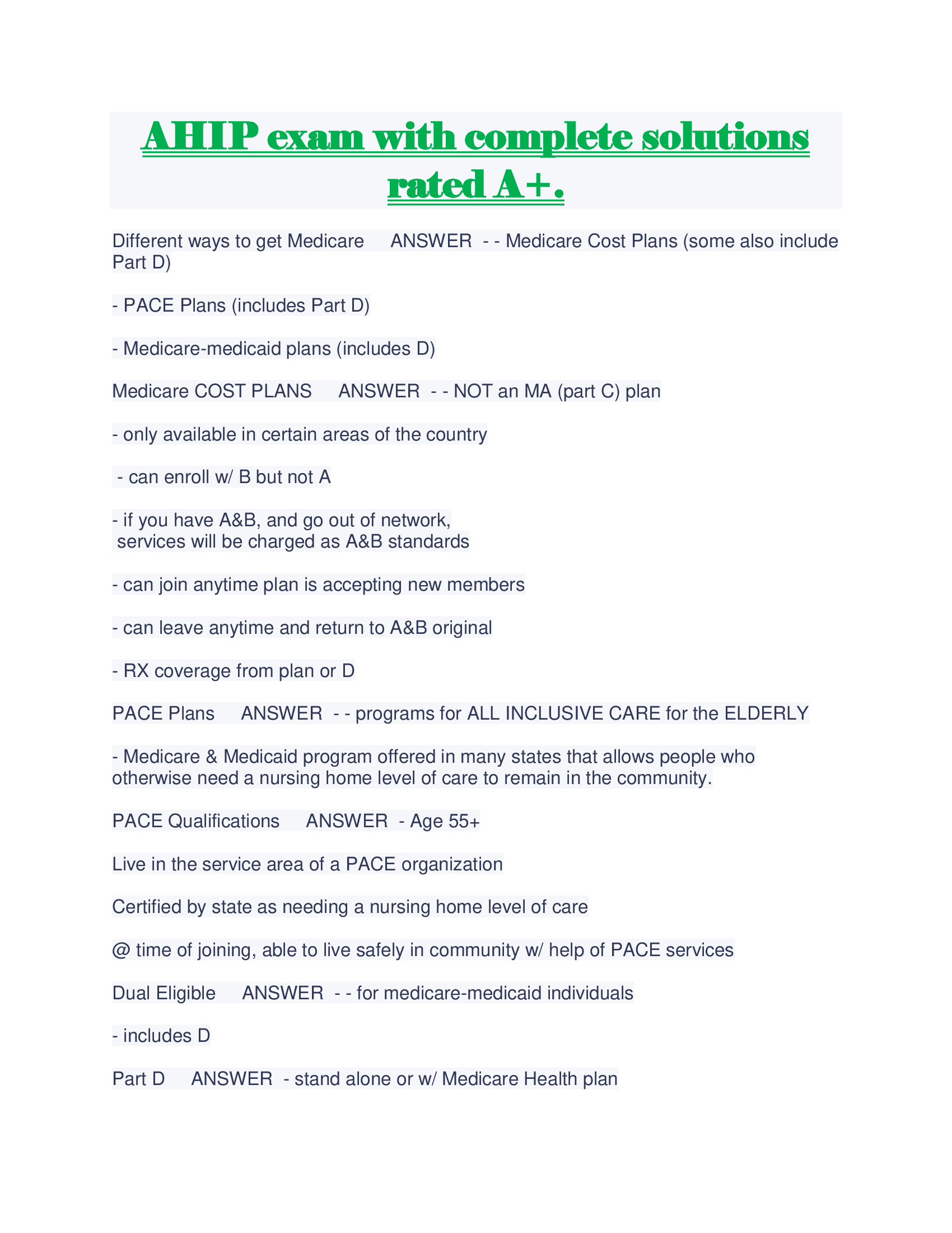 AHIP exam with complete solutions rated A+.