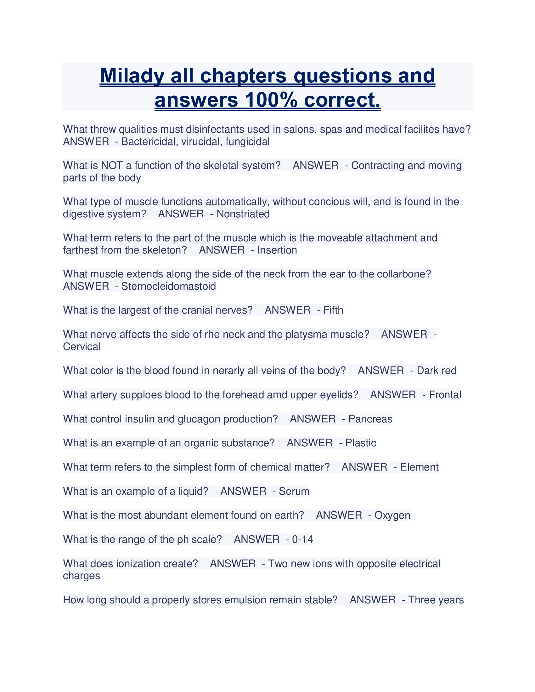 Milady all chapters questions and answers 100 correct.