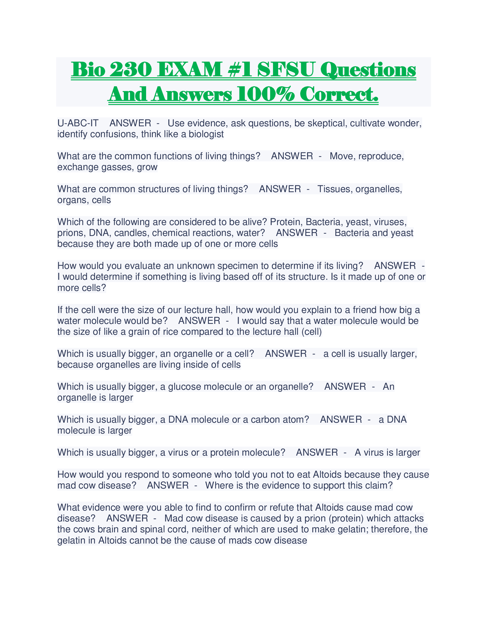 Bio 230 EXAM 1 SFSU Questions And Answers 100 Percent Correct.