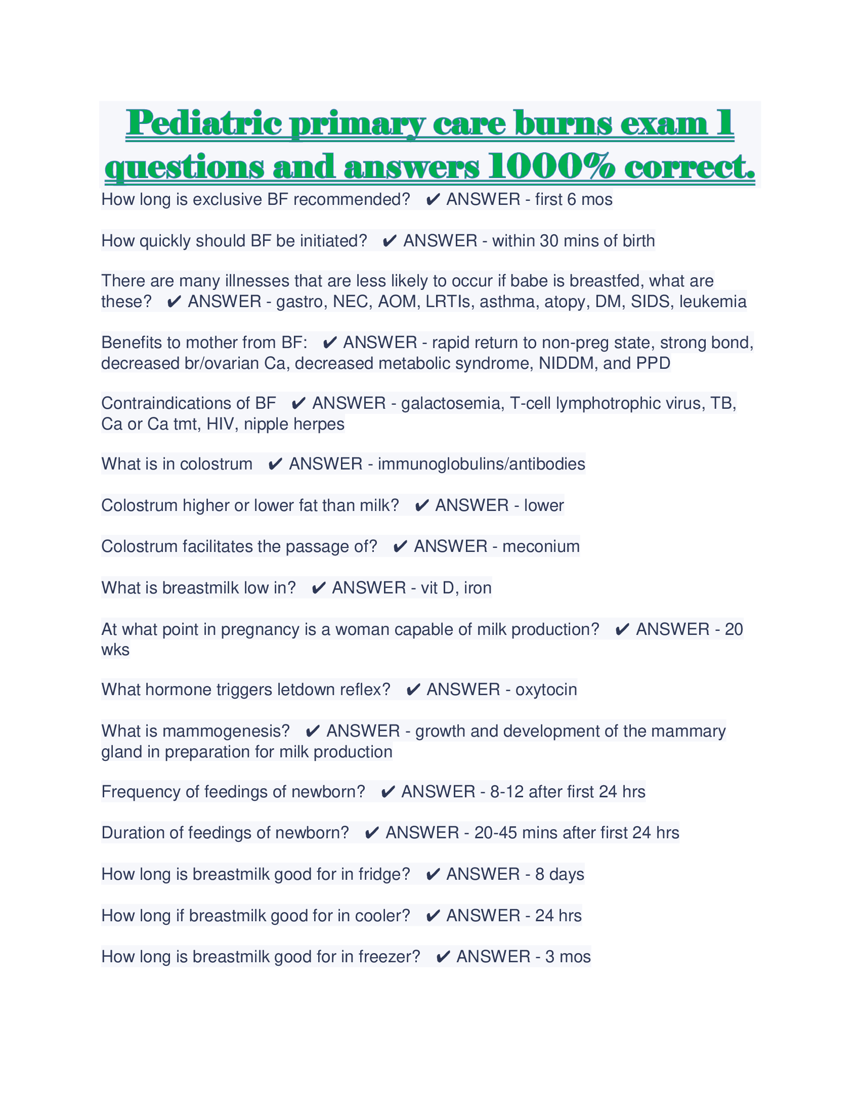 Pediatric primary care burns exam 1 questions and answers 1000% correct.