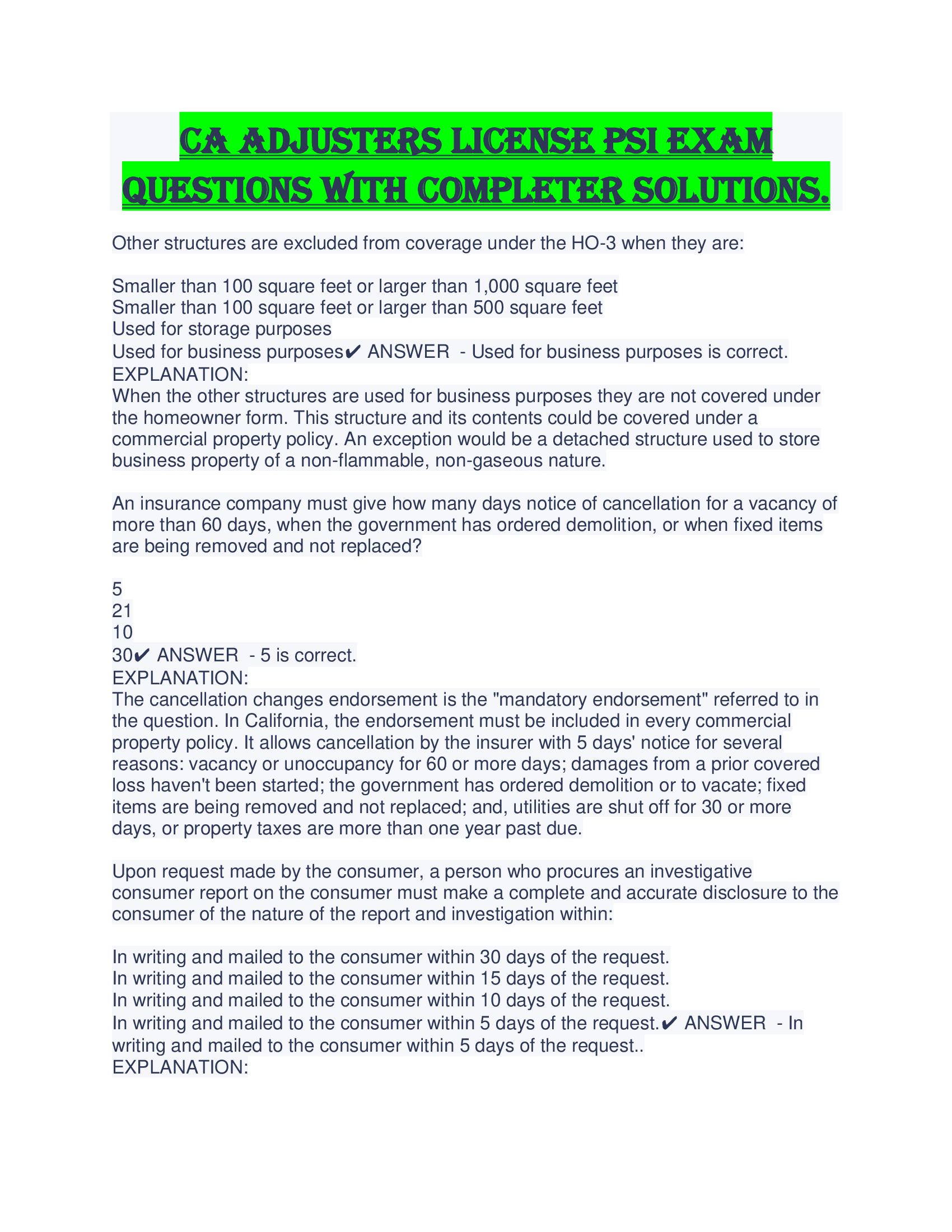 CA Adjusters License PSI Exam Questions with Completer Solutions.