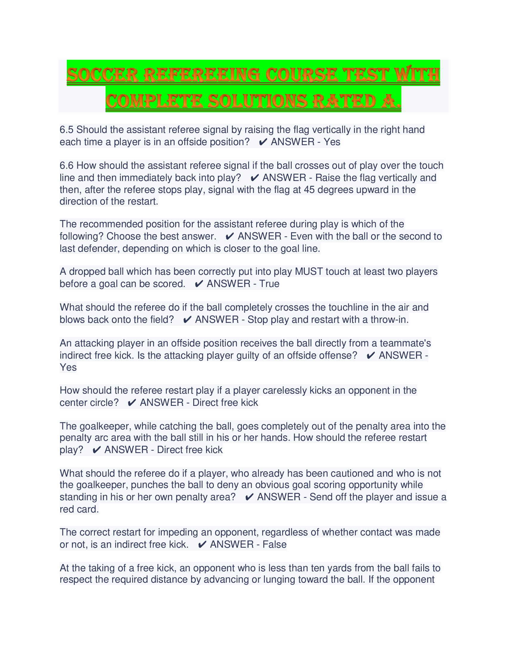 Soccer Refereeing Course Test With Complete Solutions Rated A.