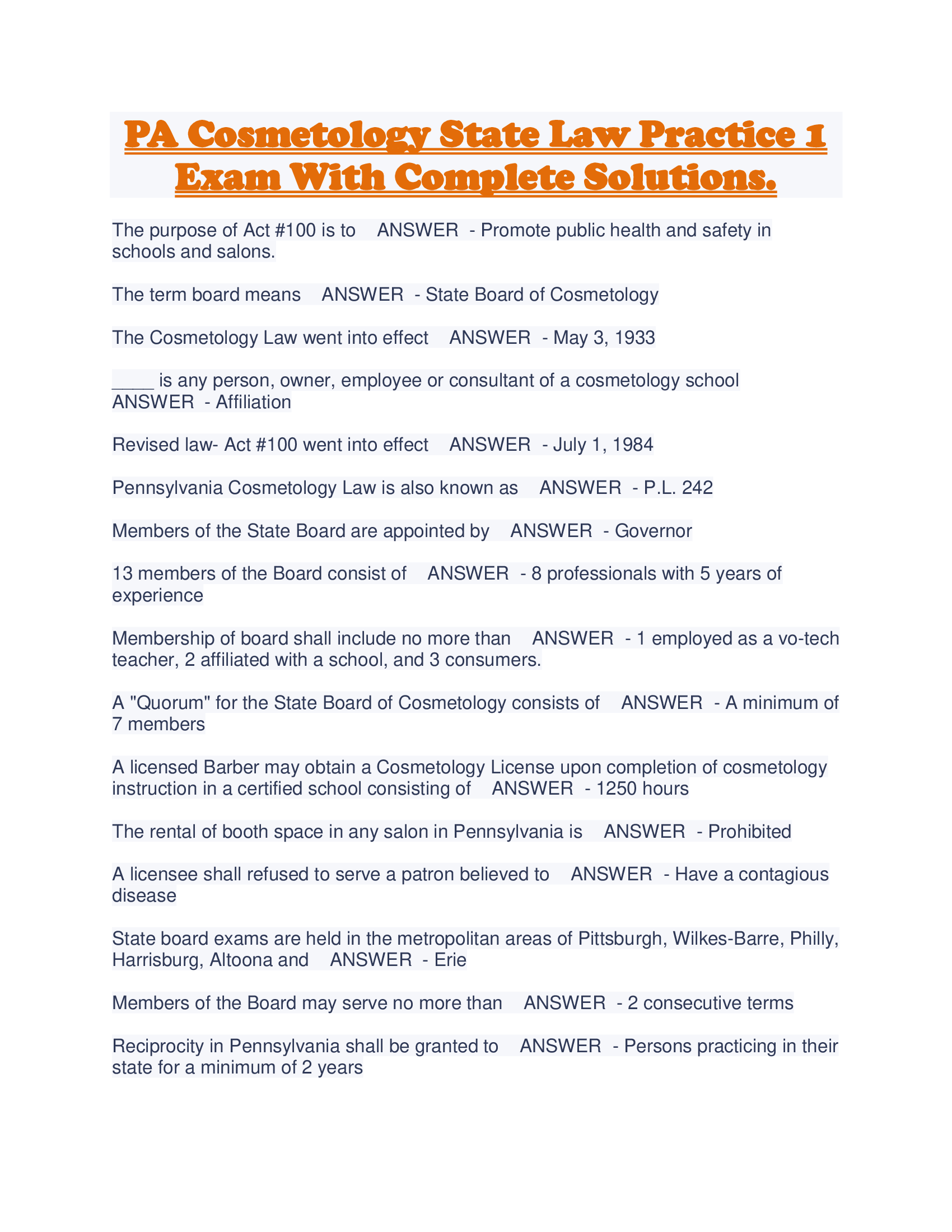 PA Cosmetology State Law Practice 1 Exam With Complete Solutions.