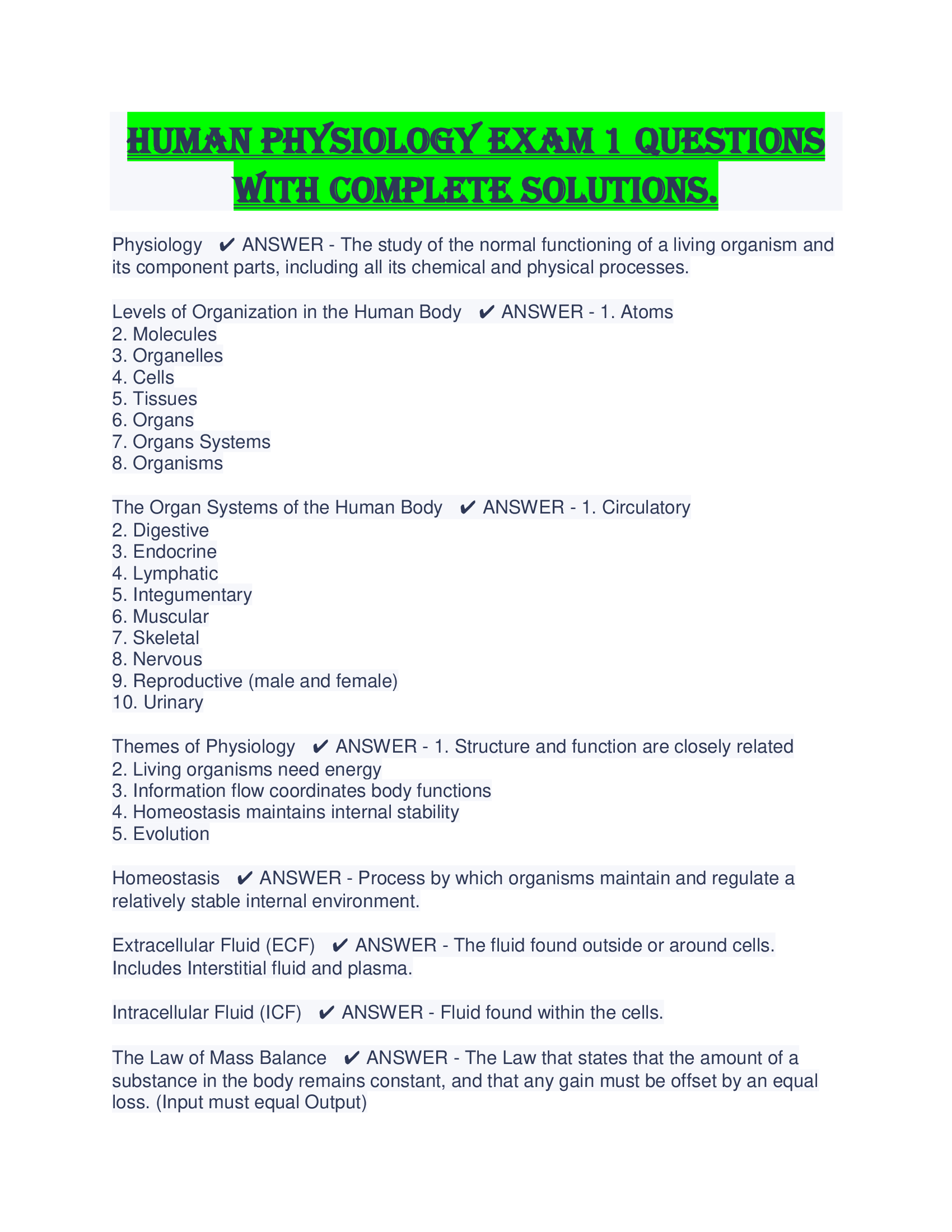 Human Physiology Exam 1 Questions With Complete Solutions.