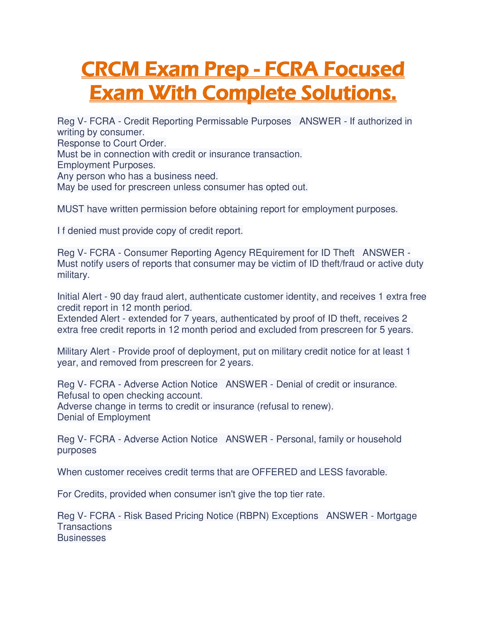 CRCM Exam Prep - FCRA Focused Exam With Complete Solutions.