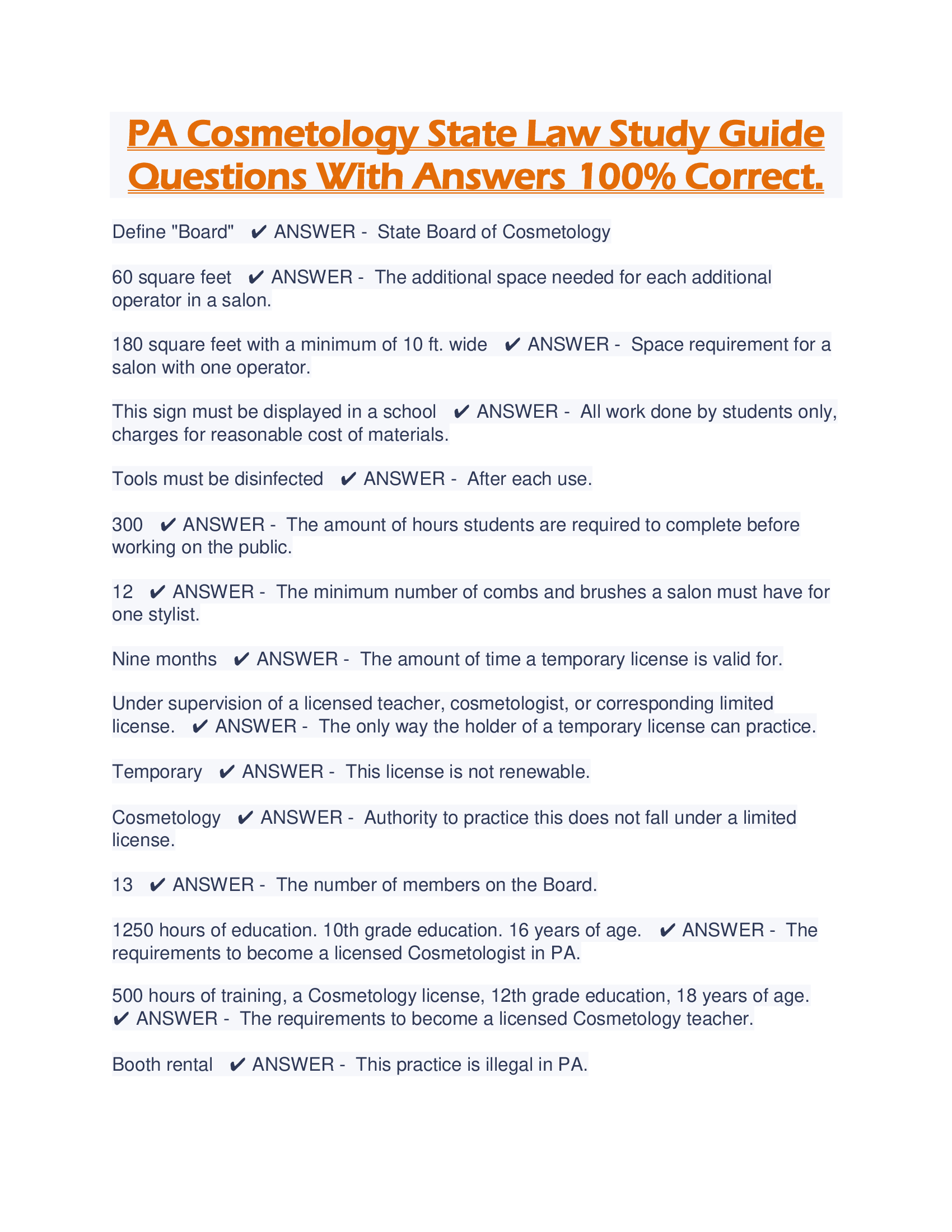 PA Cosmetology State Law Study Guide Questions With Answers 100% Correct.
