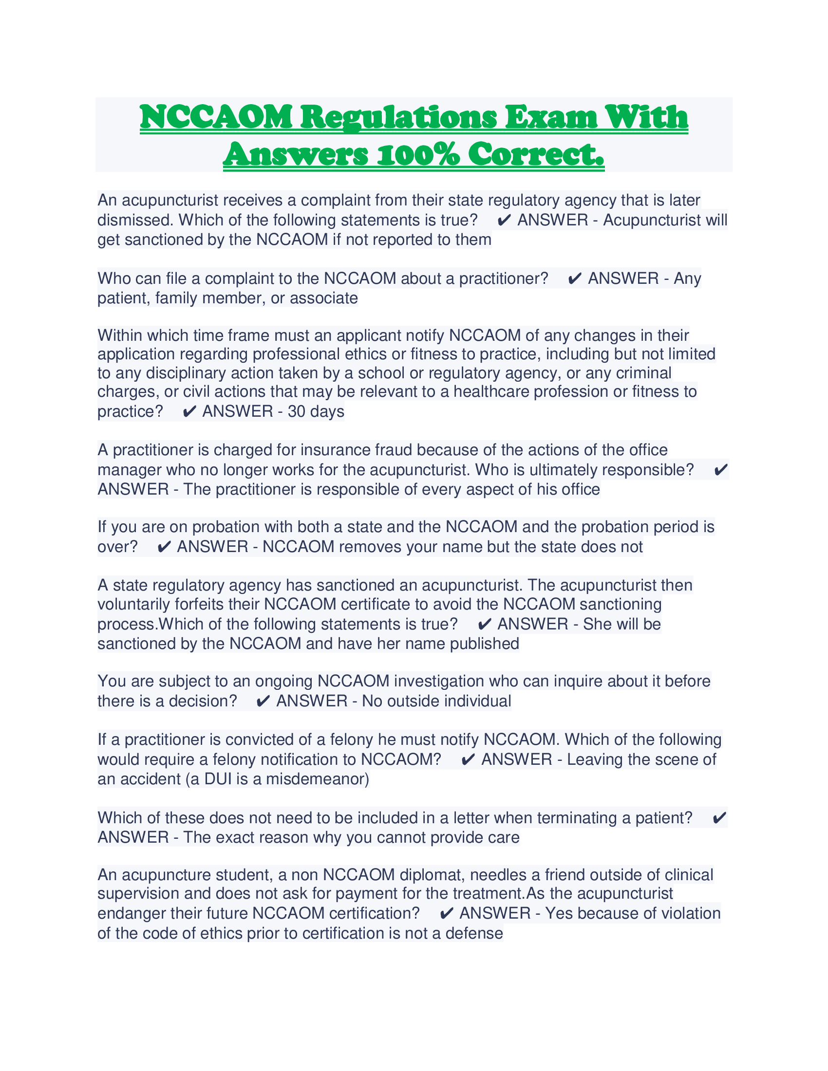 NCCAOM Regulations Exam With Answers