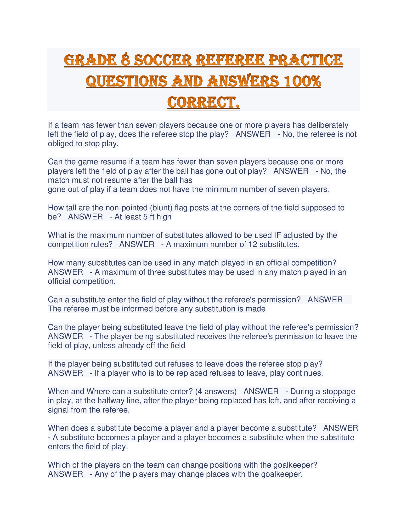 Grade 8 Soccer Referee Practice Questions And Answers 100% Correct.