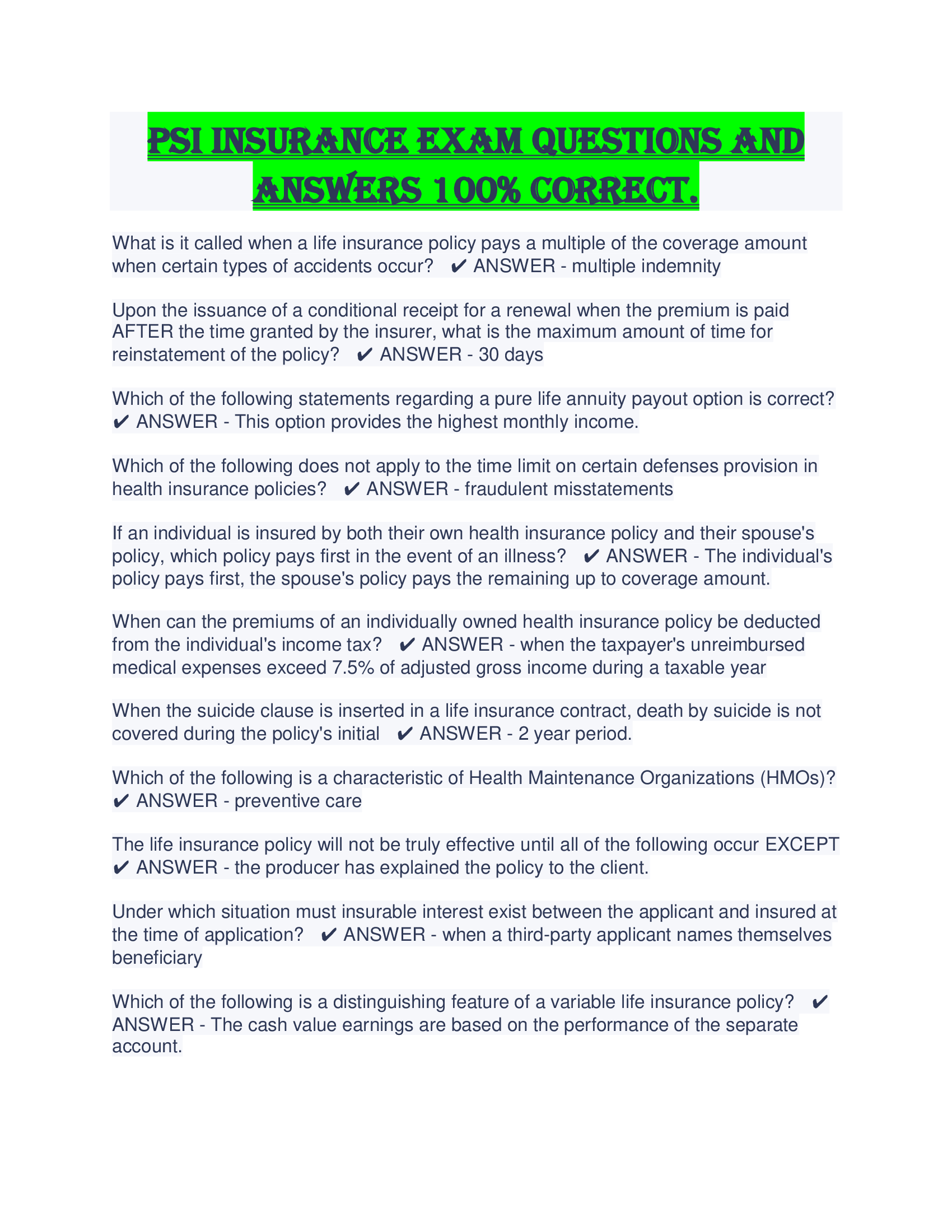 PSI Insurance Exam Questions and Answers 100 Percent Correct.