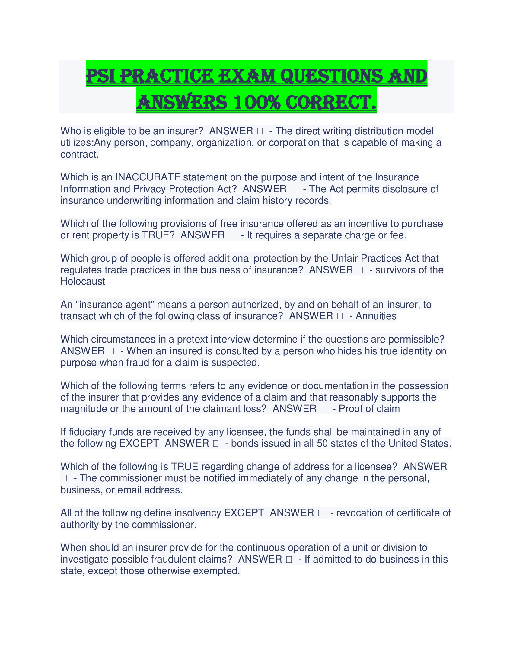 PSI PRACTICE Exam Questions and Answers 100 Percent Correct.