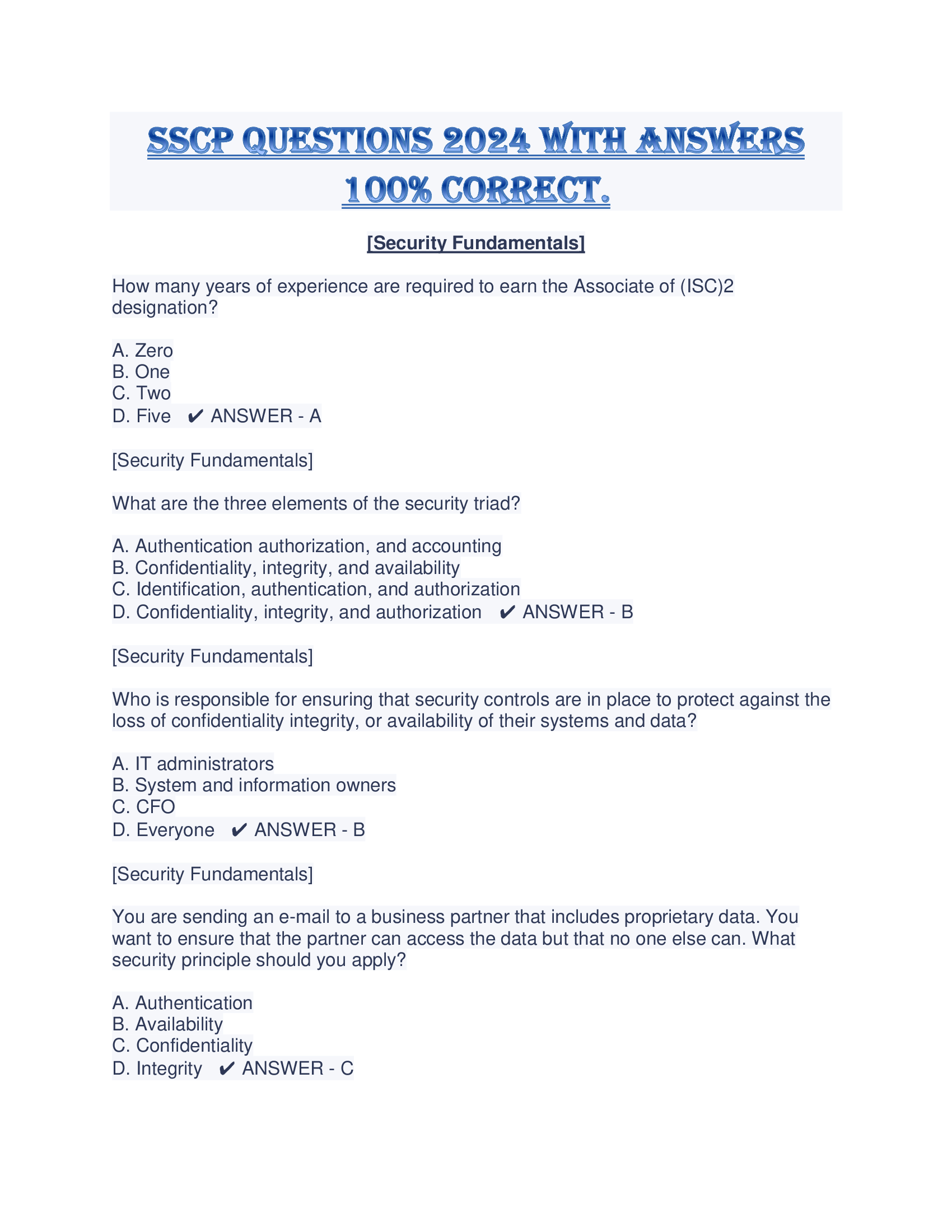 SSCP Questions 2024 With Answers 100 Percent Correct.
