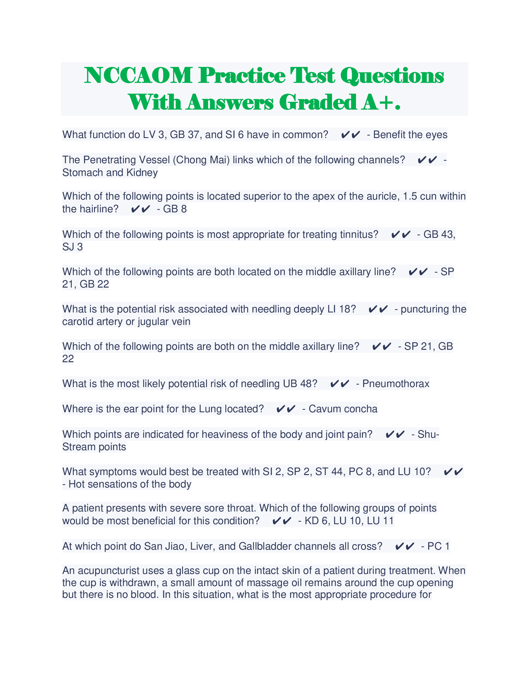 NCCAOM Practice Test Questions With Answers Graded A+.