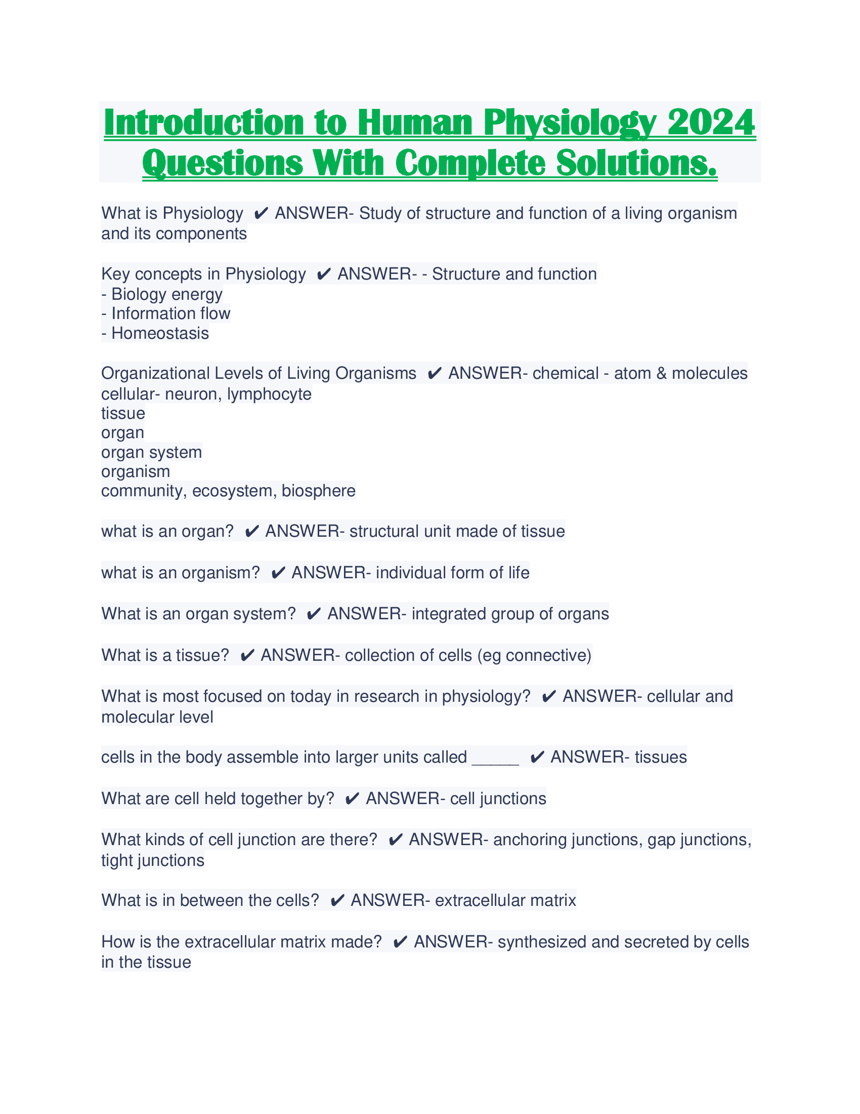Introduction to Human Physiology 2024 Questions With Complete Solutions.