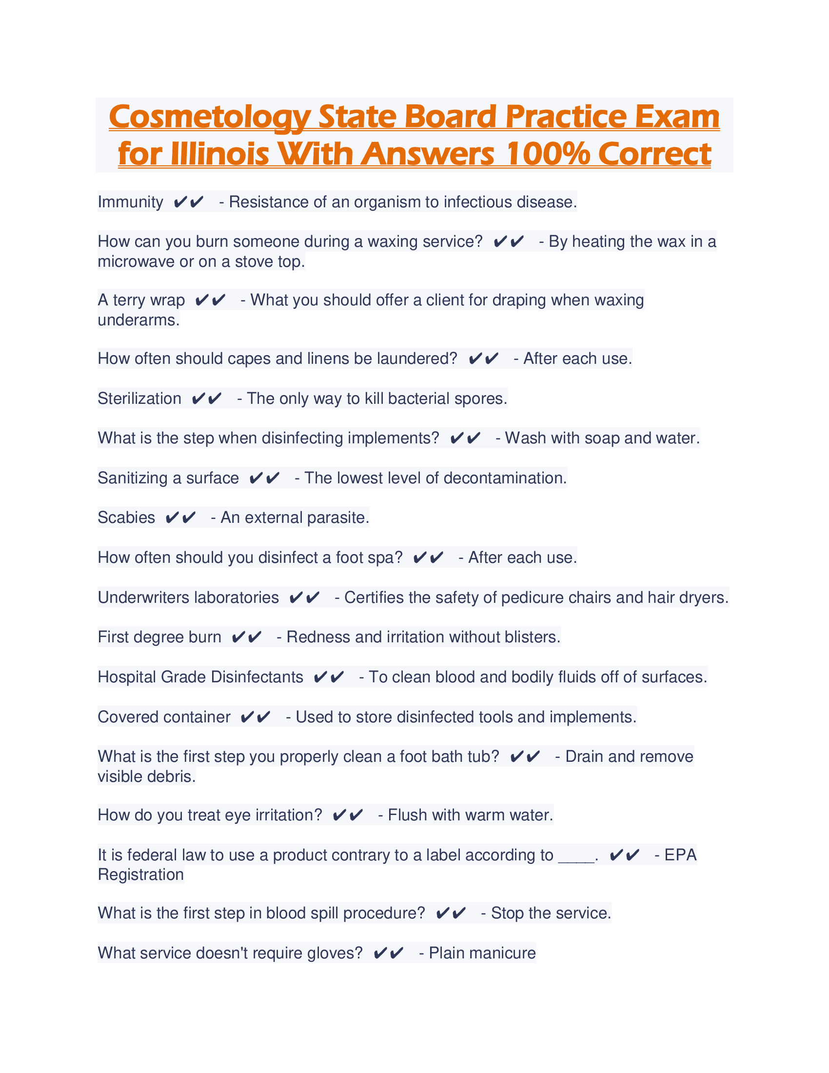 Cosmetology State Board Practice Exam for Illinois With Answers 100% Correct