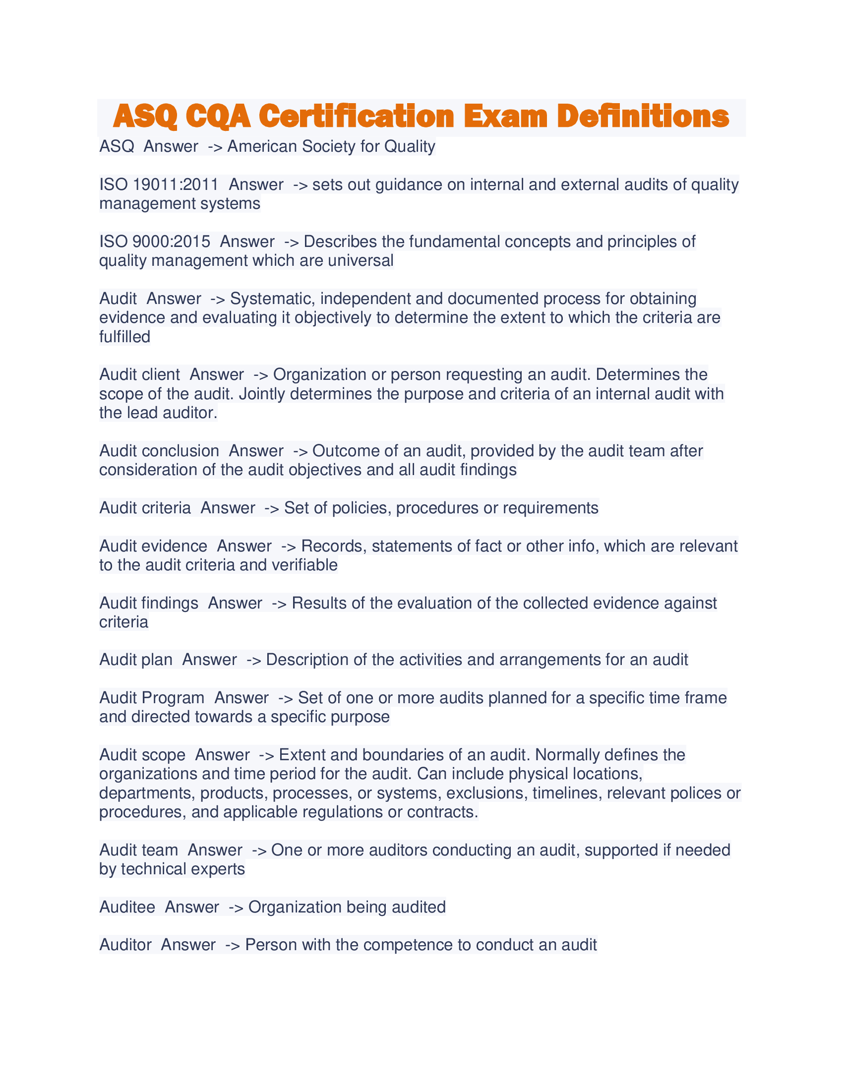 ASQ CQA Certification Exam Definitions