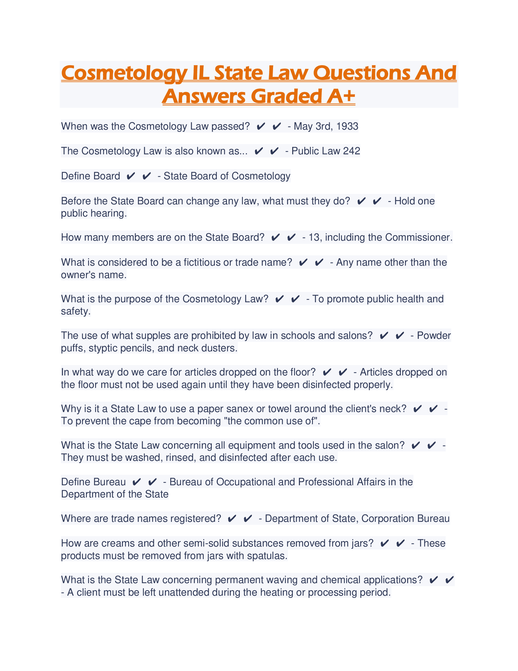 Cosmetology IL State Law Questions And Answers Graded A+