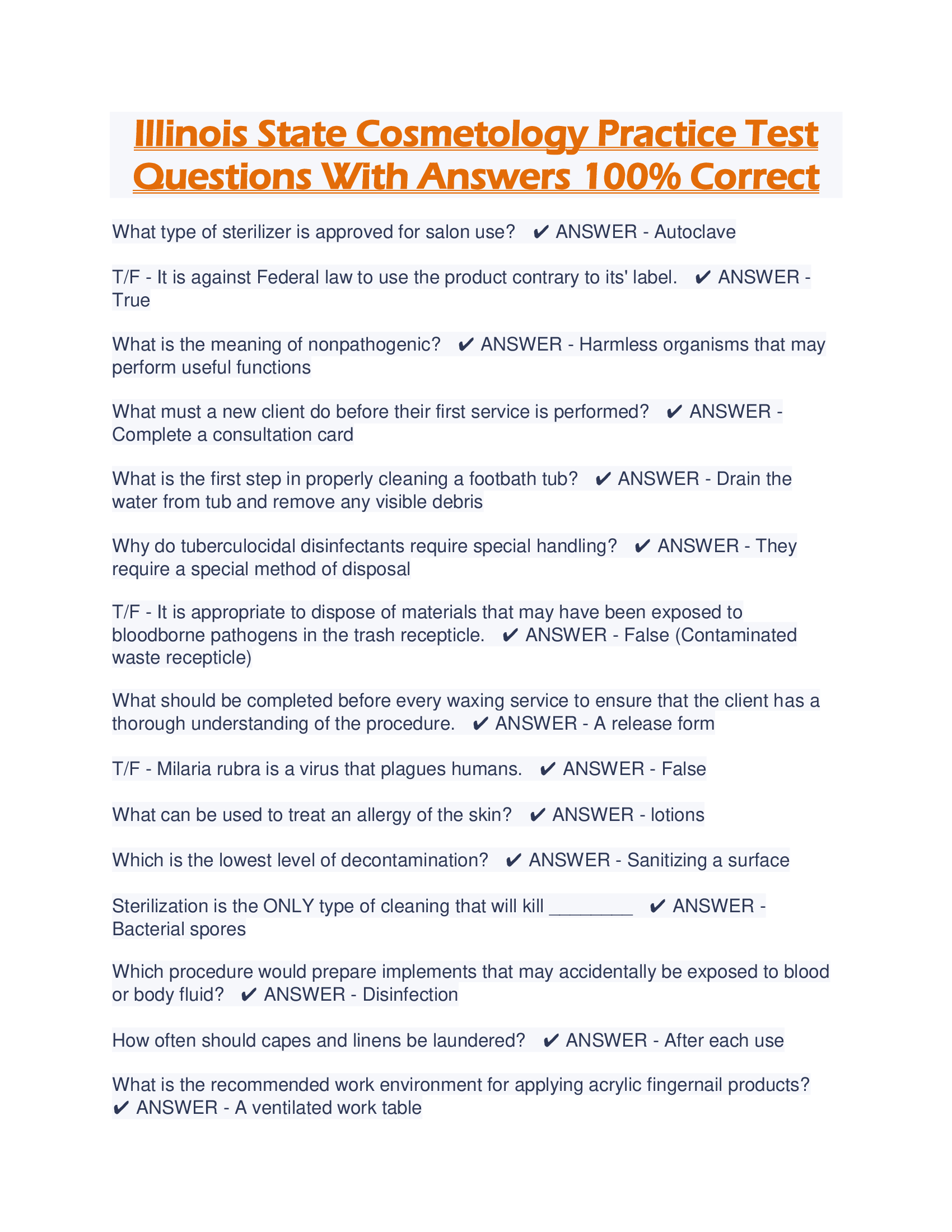 Illinois State Cosmetology Practice Test Questions With Answers 100% Correct
