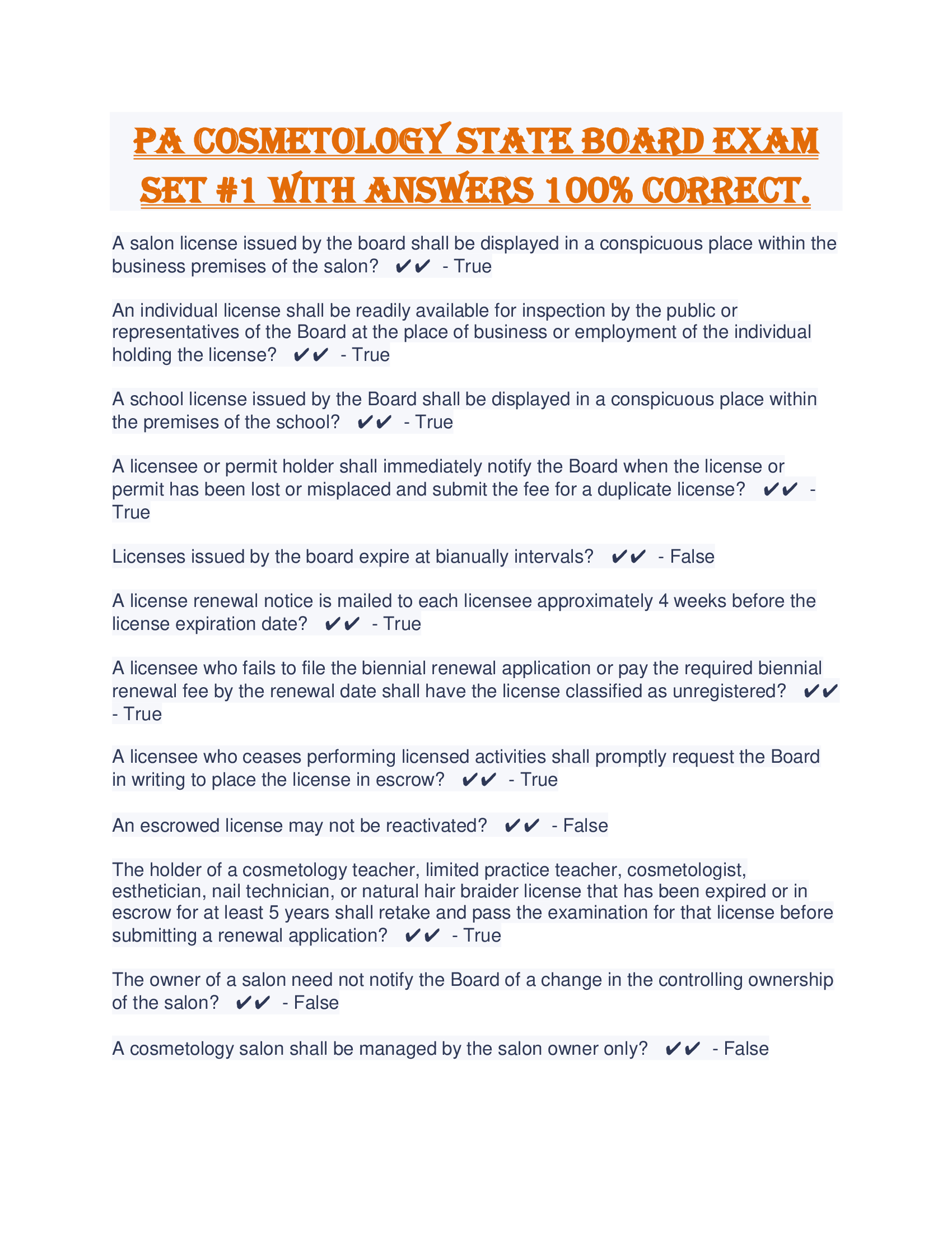 PA Cosmetology State Board Exam Set 1 With Answers 100 Percent Correct.
