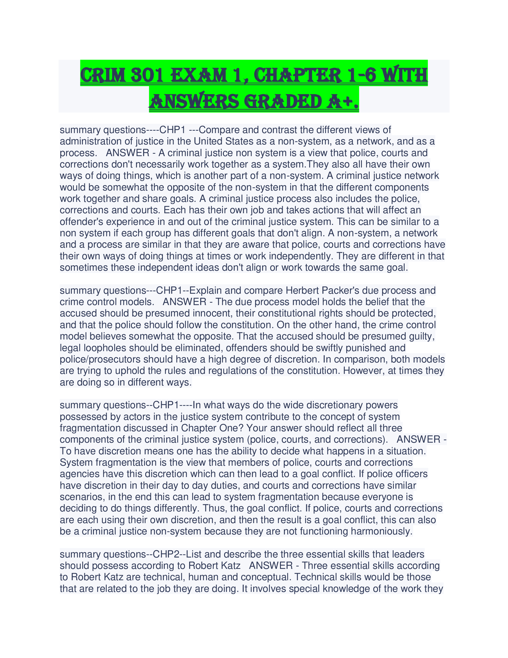 CRIM 301 Exam 1, chapter 1-6 With Answers Graded A+.