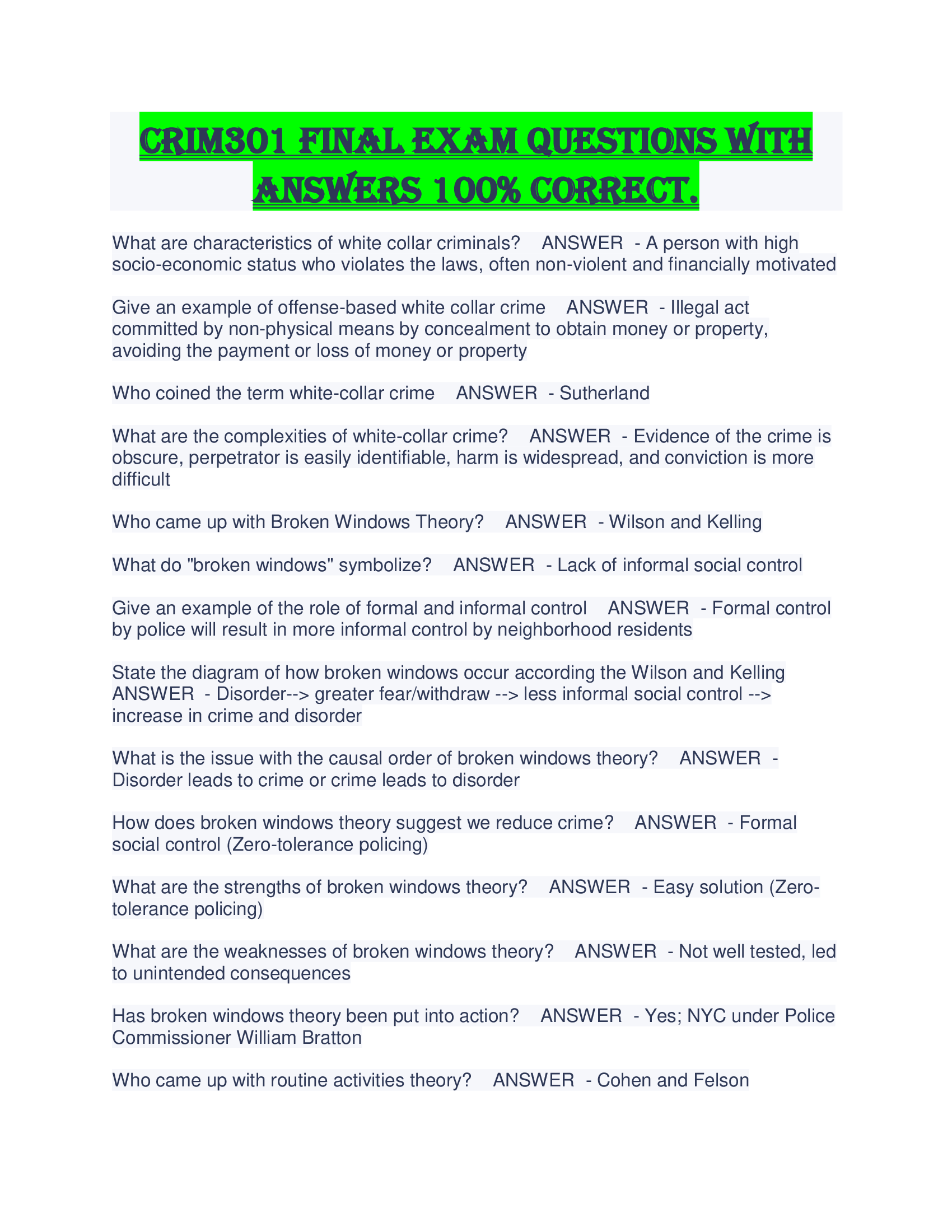 CRIM301 Final Exam Questions With Answers 100 percent Correct.