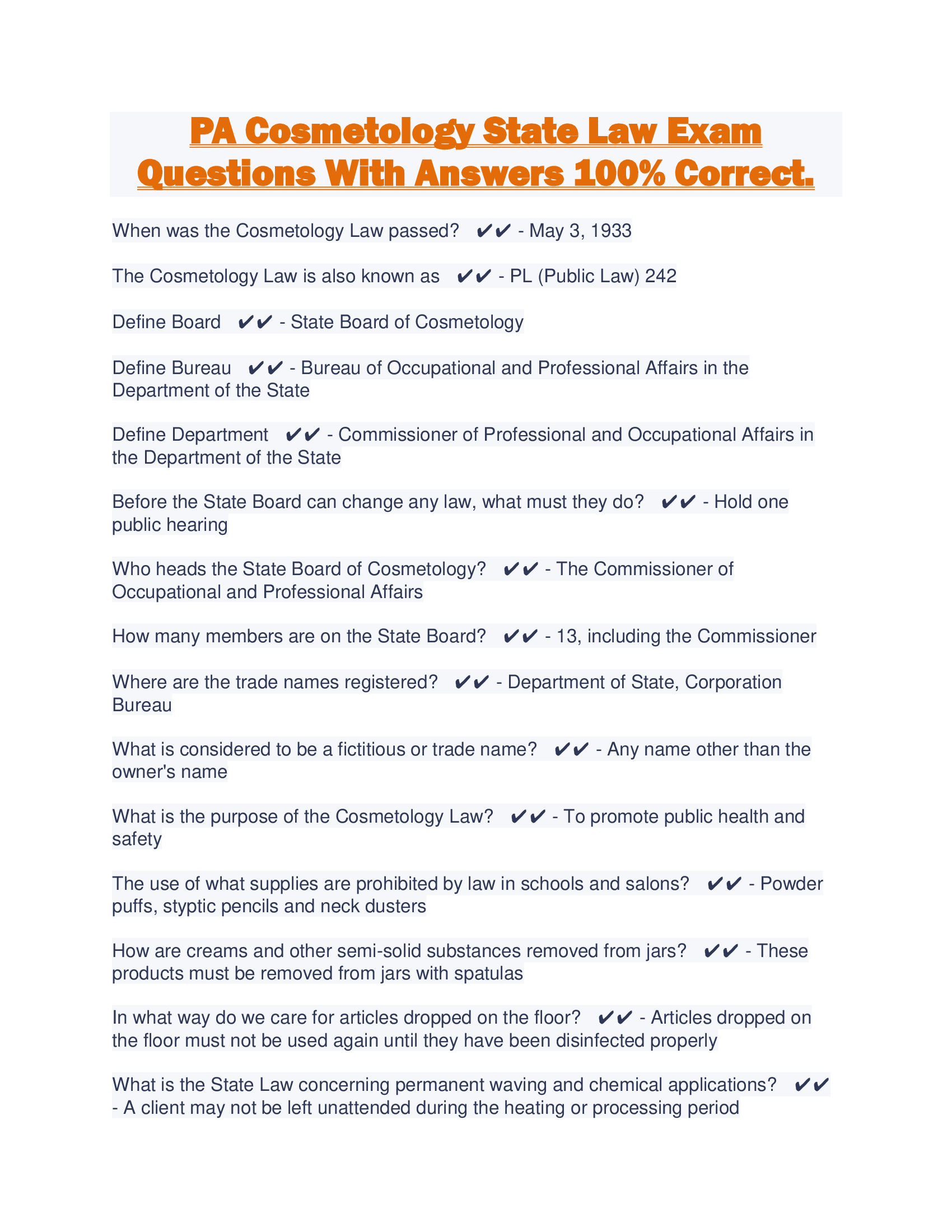 PA Cosmetology State Law Exam Questions With Answers 100% Correct.