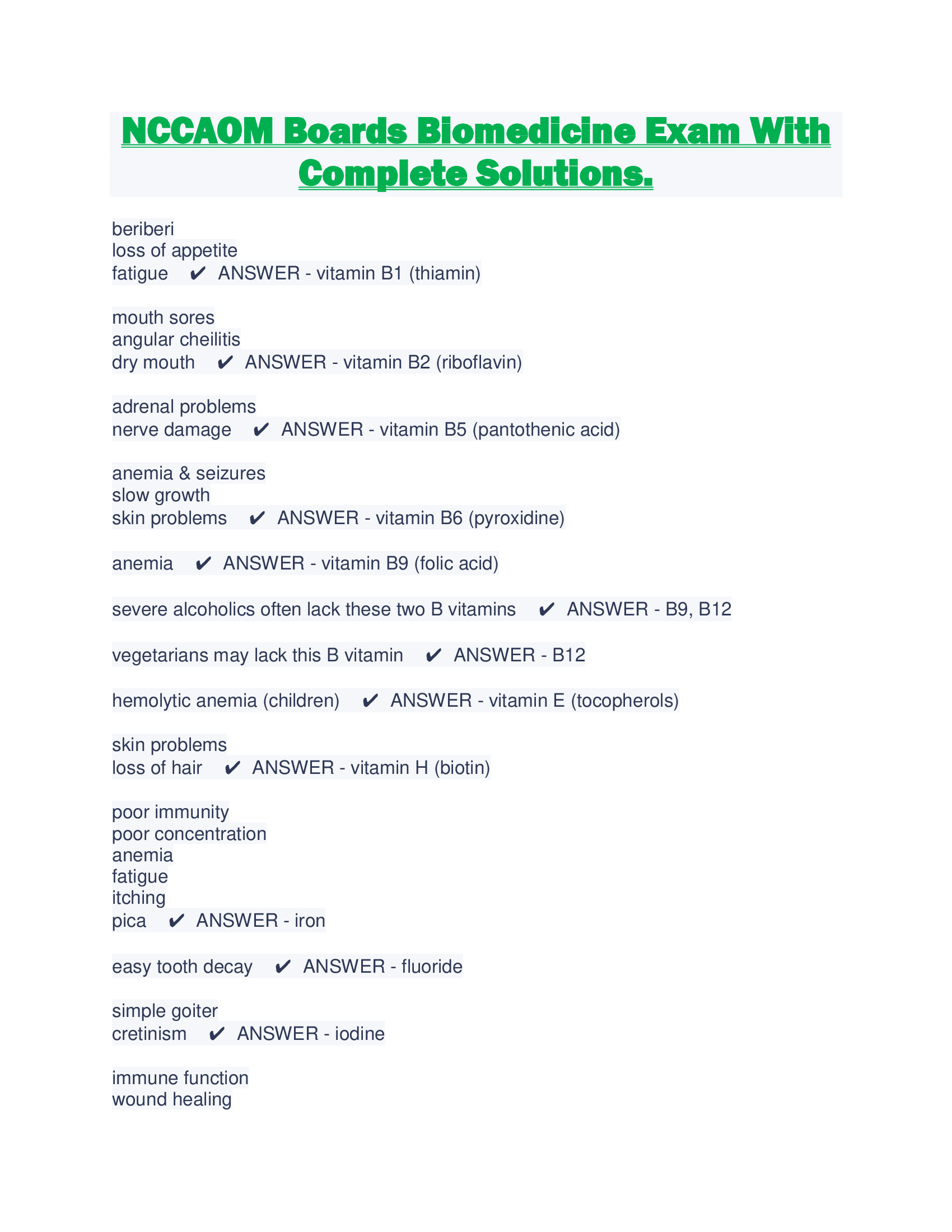 NCCAOM Boards Biomedicine Exam With Complete Solutions.