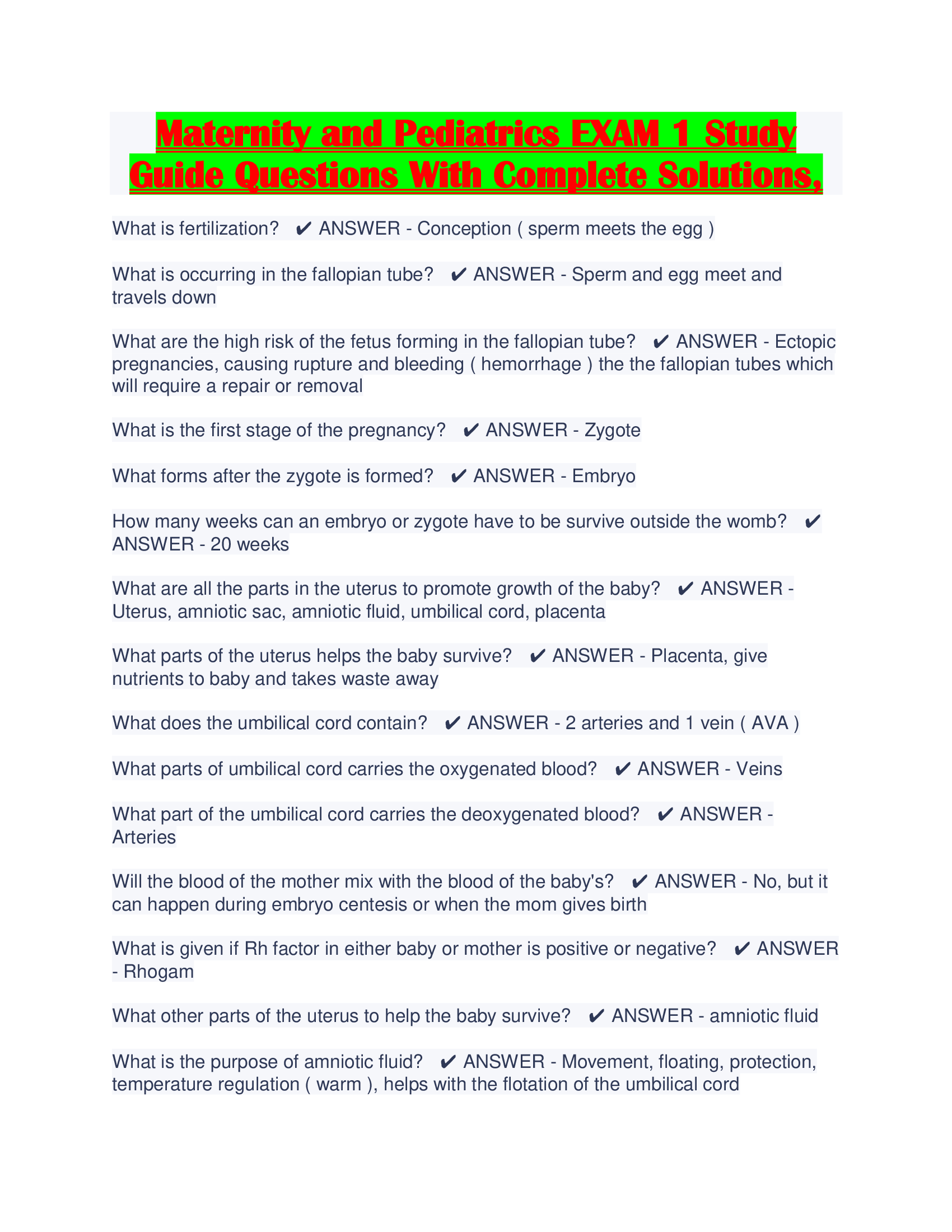 Maternity and Pediatrics EXAM 1 Study Guide Questions With Complete Solutions,