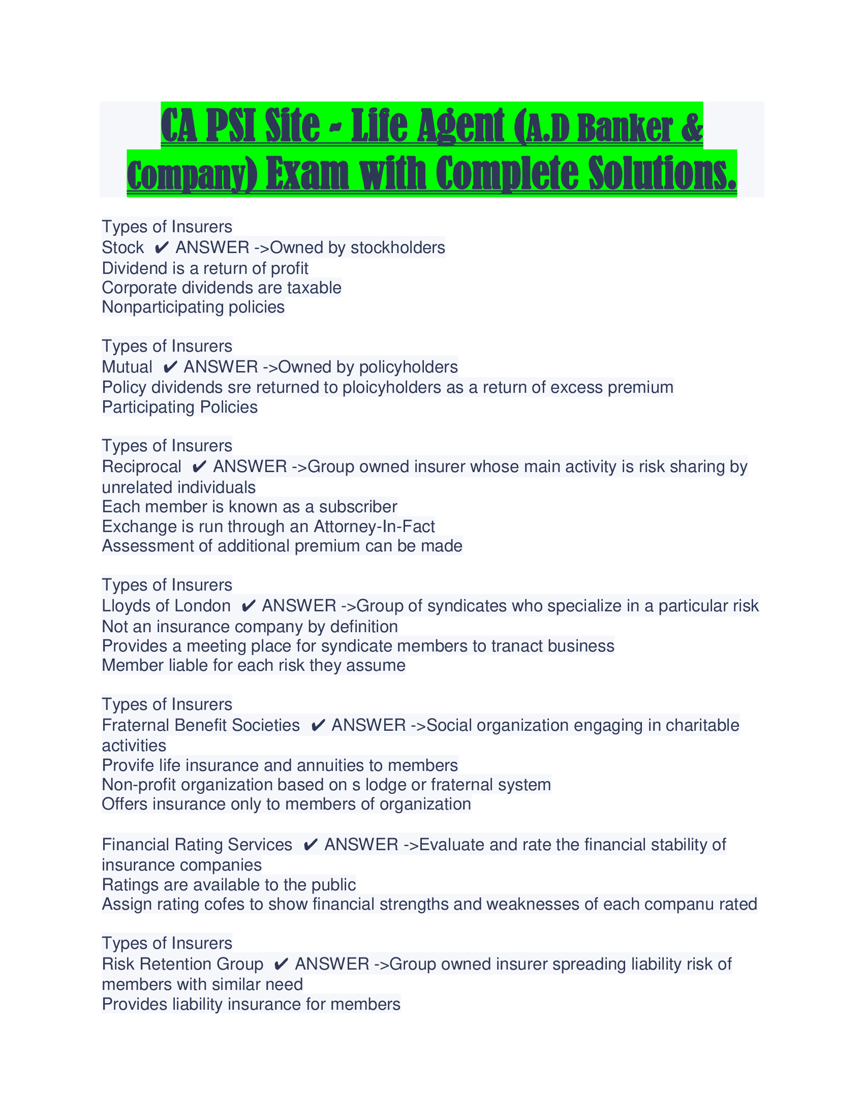 CA PSI Site - Life Agent (A.D Banker & Company) Exam with Complete Solutions.