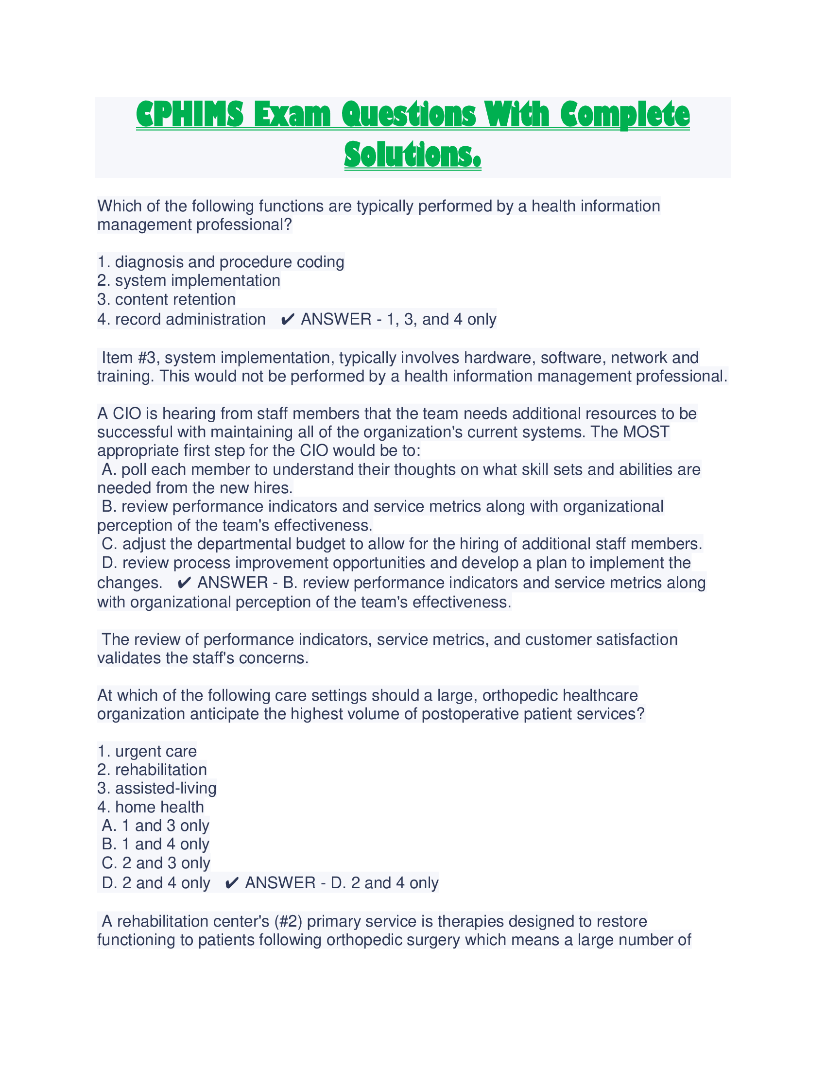 CPHIMS Exam Questions With Complete Solutions.