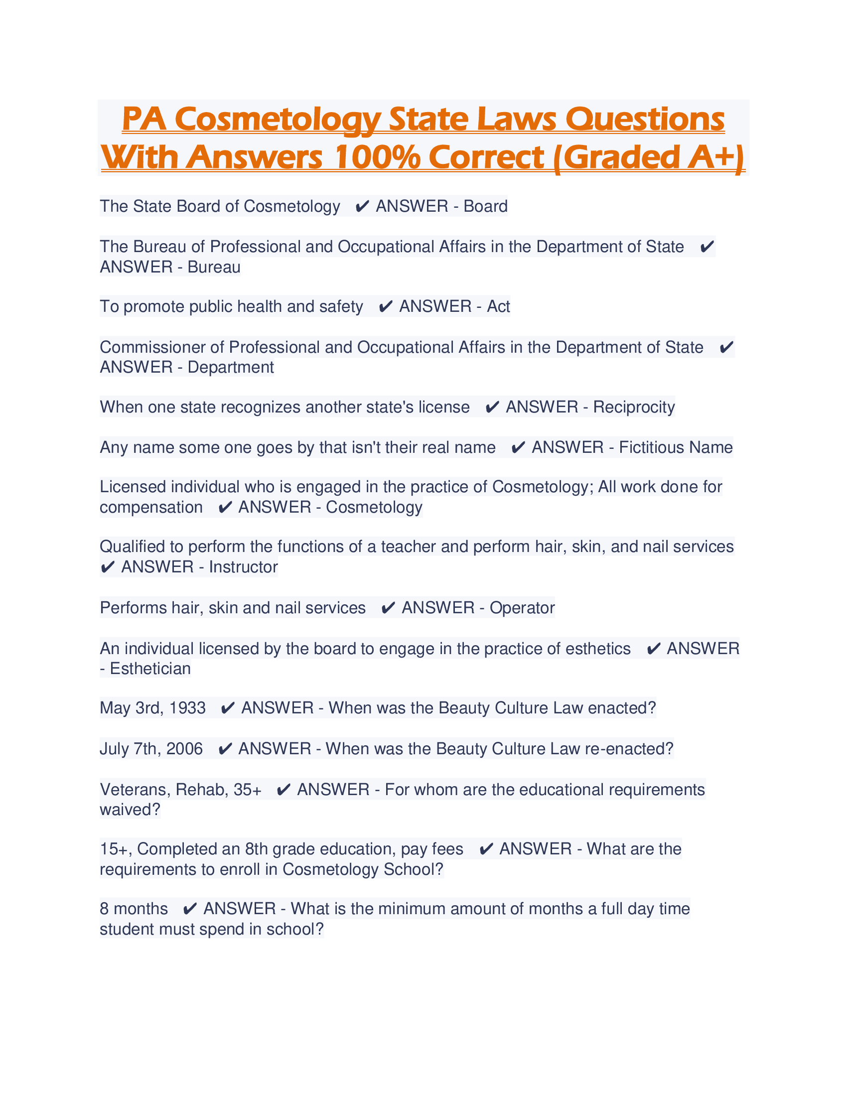 PA Cosmetology State Laws Questions With Answers 100% Correct (Graded A+)