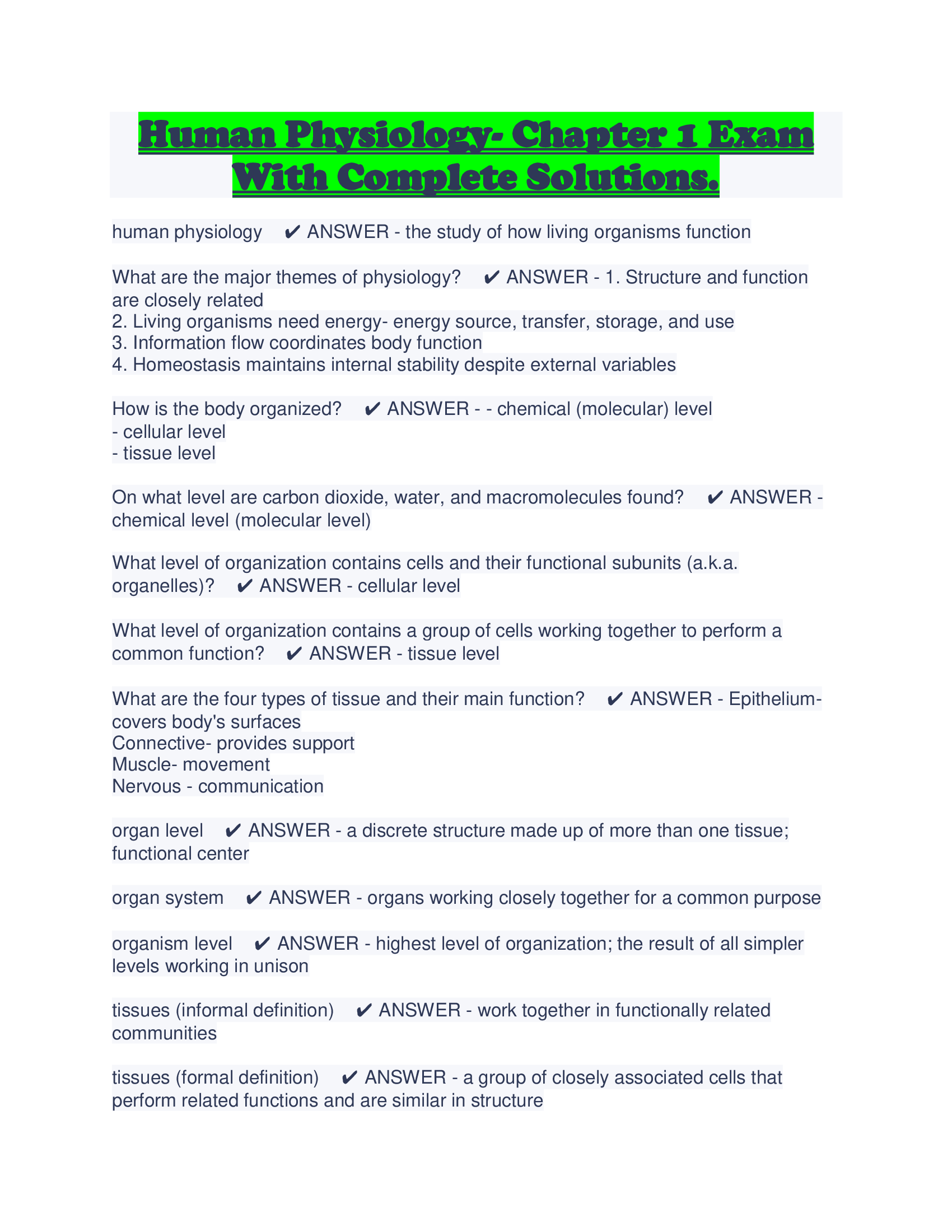 Human Physiology- Chapter 1 Exam With Complete Solutions.