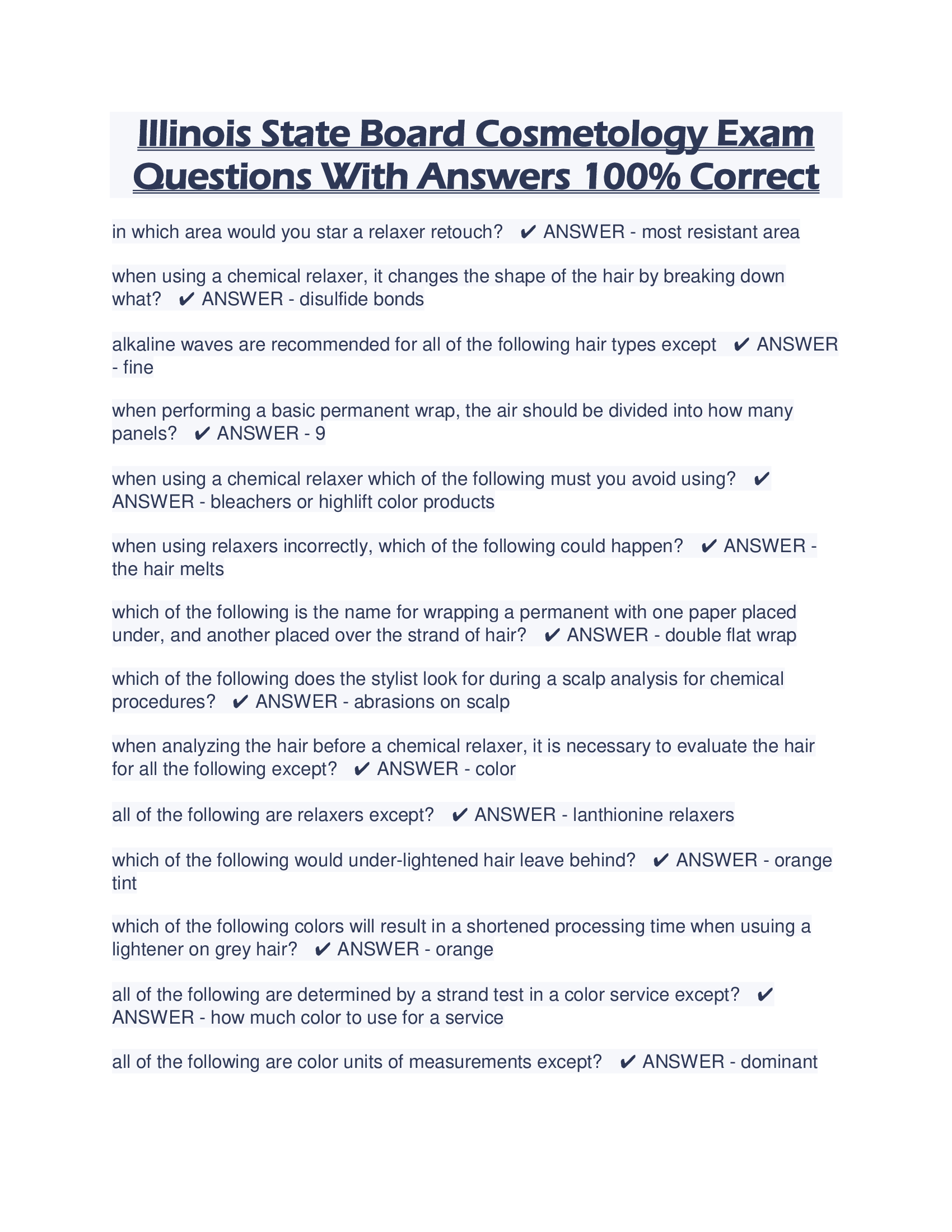Illinois State Board Cosmetology Exam Questions With Answers 100% Correct