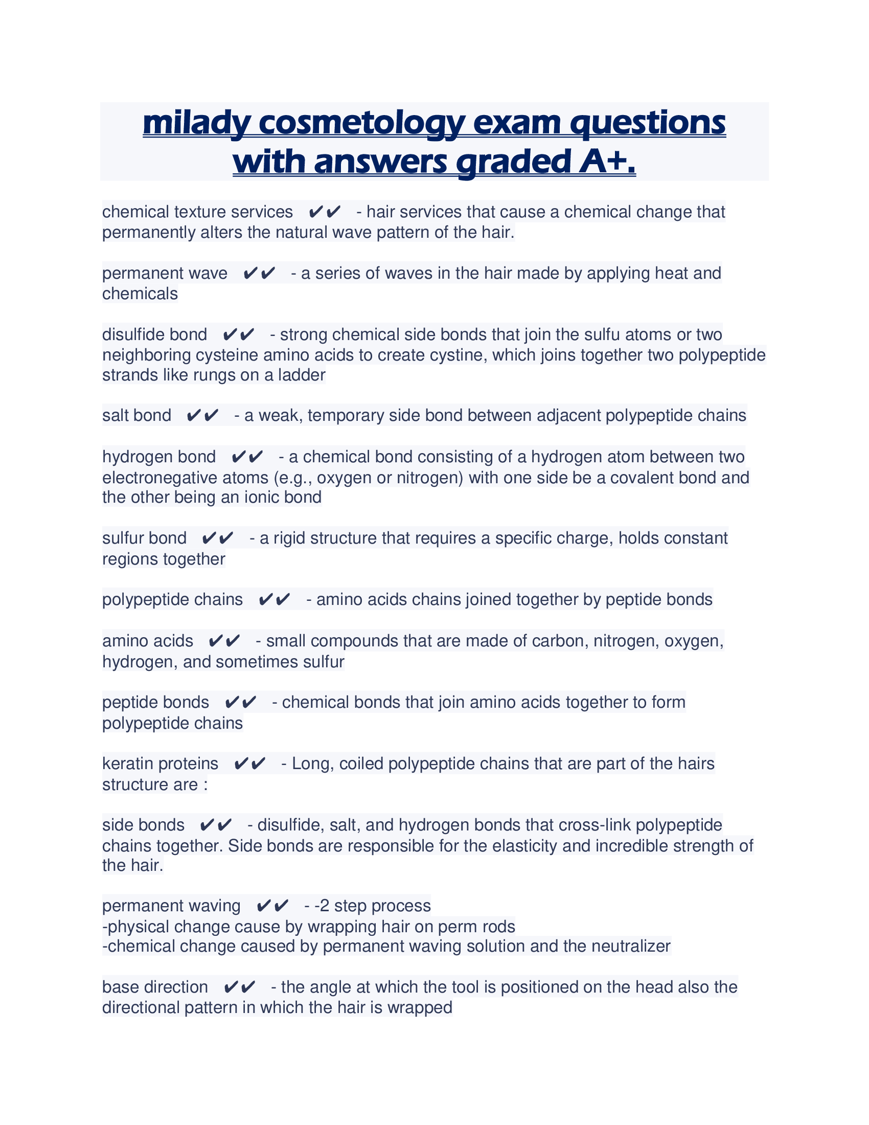 milady cosmetology exam questions with answers graded A+.