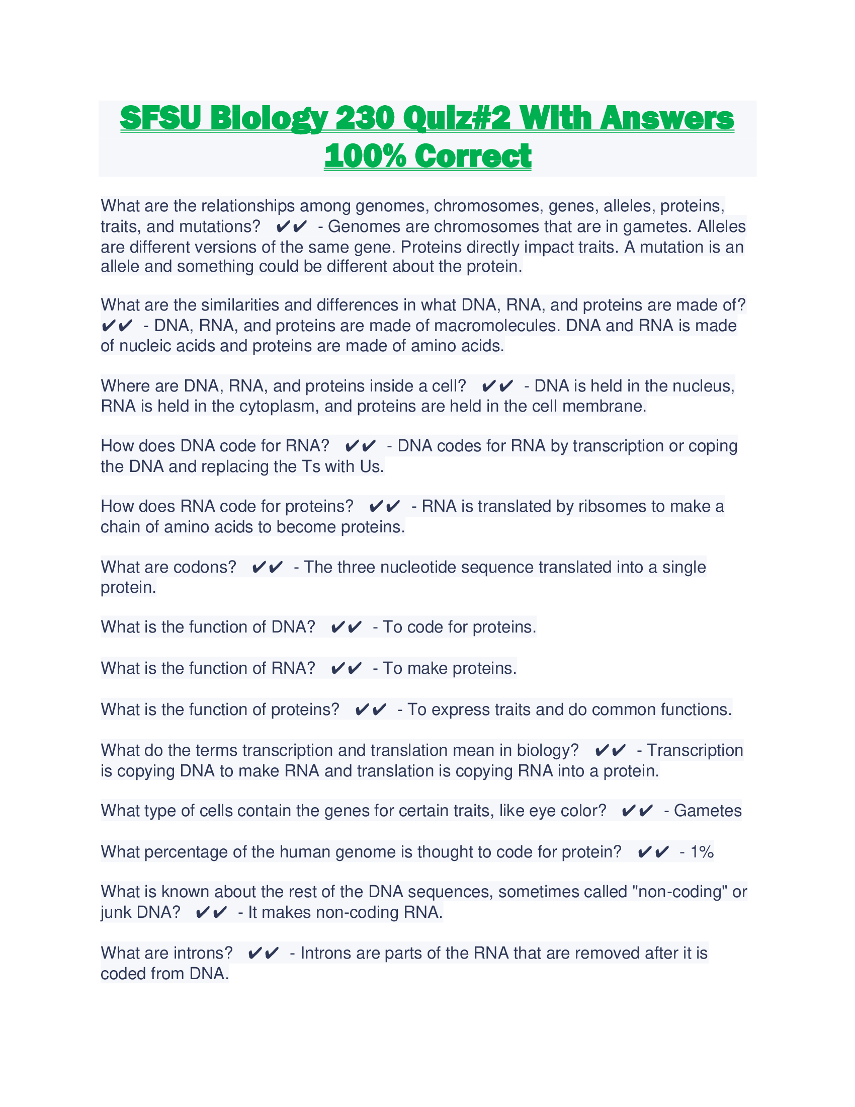 SFSU Biology 230 Quiz 2 With Answers 100 Percent Correct