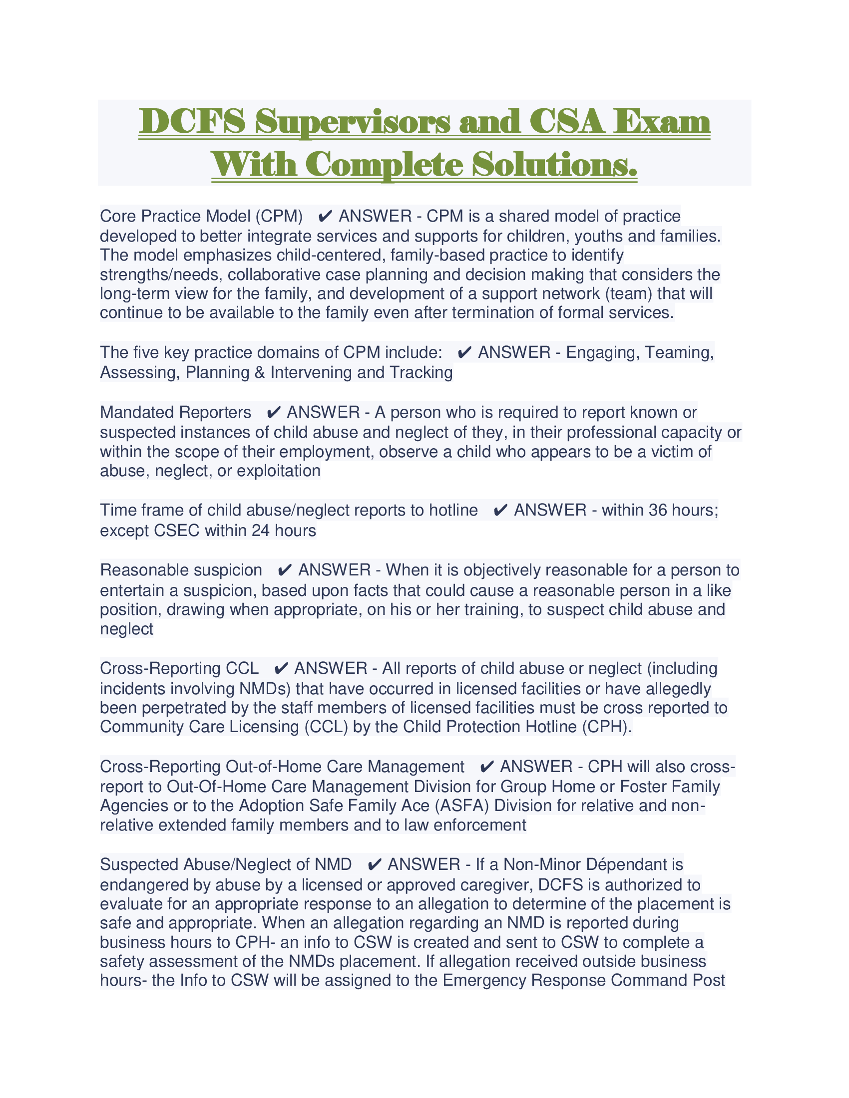 DCFS Supervisors and CSA Exam With Complete Solutions.