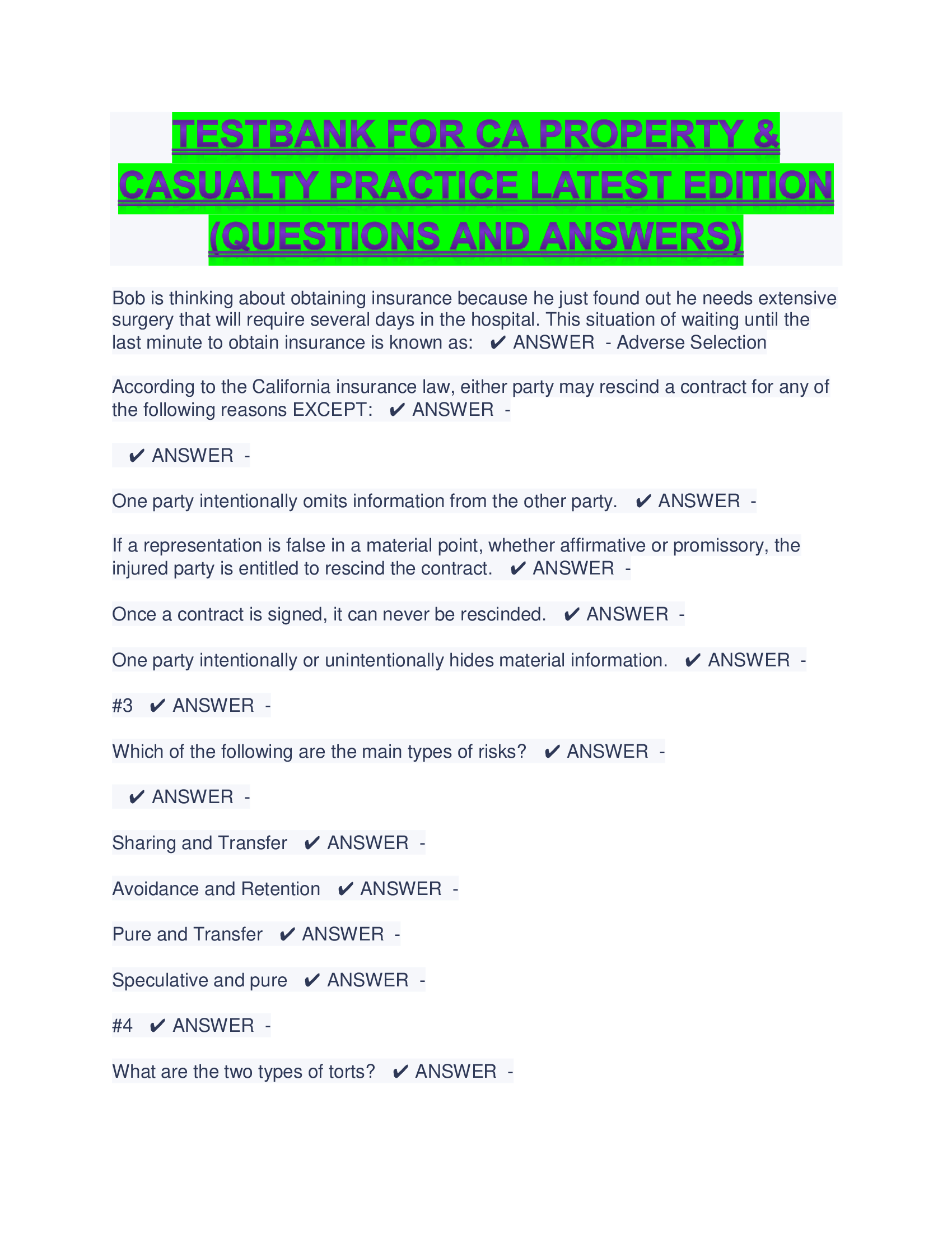 TESTBANK FOR CA PROPERTY & CASUALTY PRACTICE LATEST EDITION (QUESTIONS AND ANSWERS)