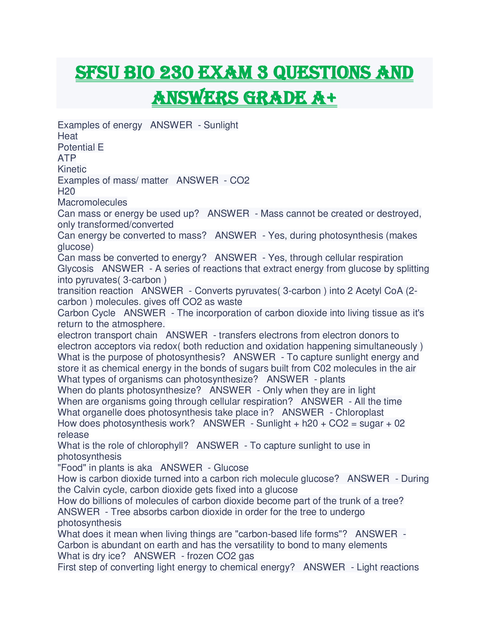 SFSU BIO 230 EXAM 3 QUESTIONS AND ANSWERS GRADE A+