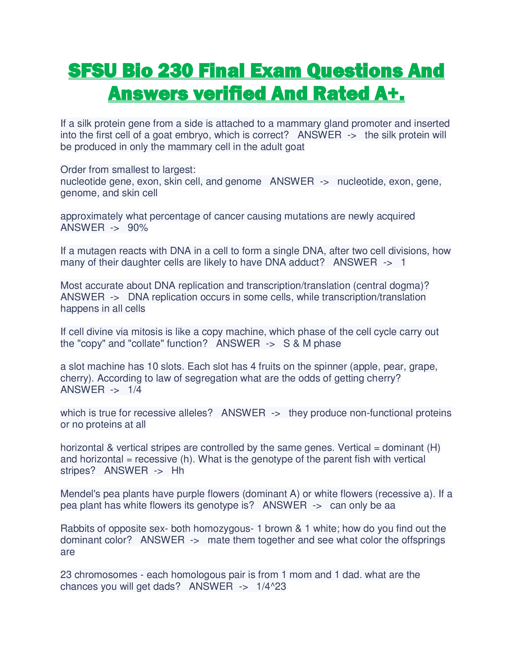 SFSU Bio 230 Final Exam Questions And Answers verified And Rated A+.