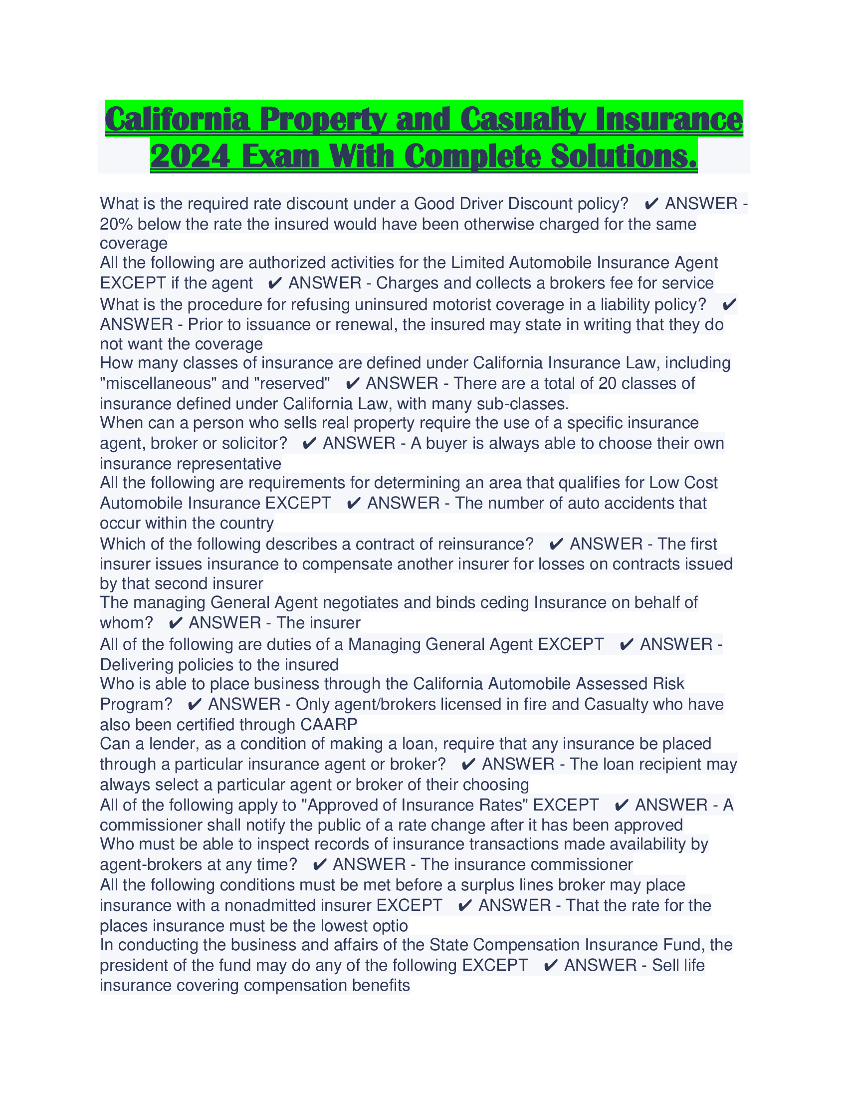 California Property and Casualty Insurance 2024 Exam With Complete Solutions.