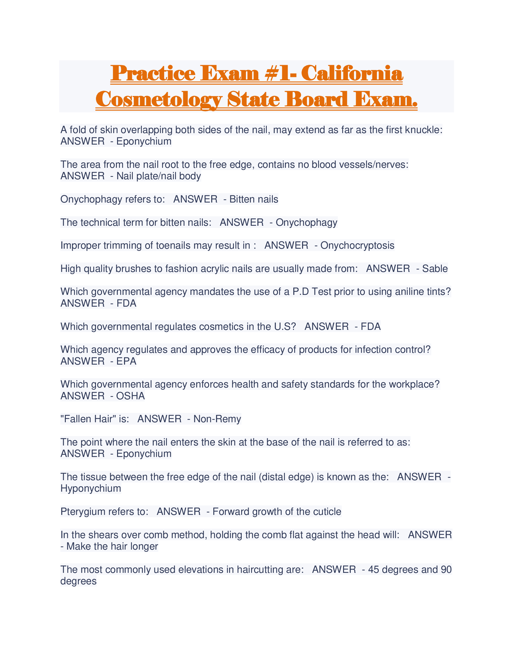 Practice Exam 1- California Cosmetology State Board Exam.