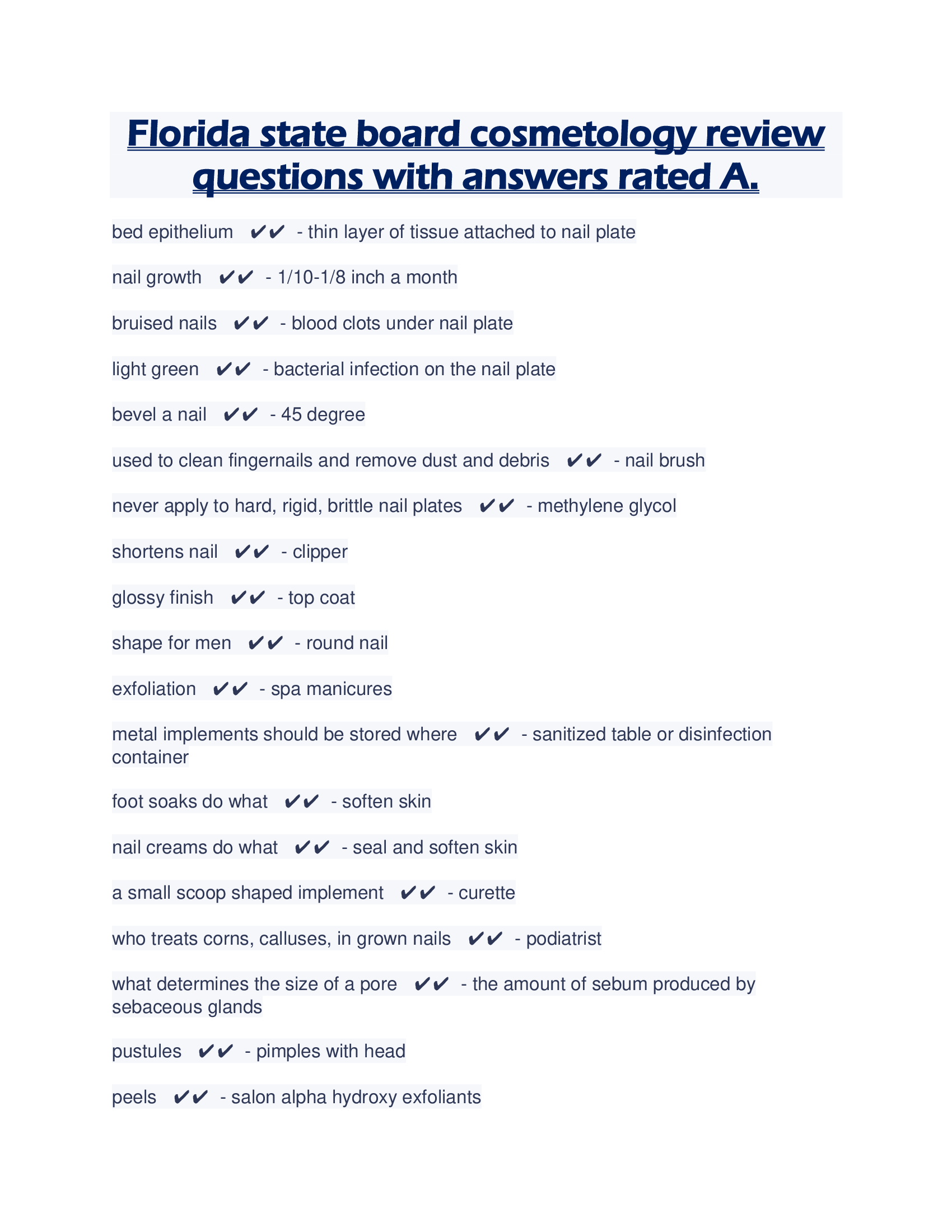 Florida state board cosmetology review questions with answers rated A.