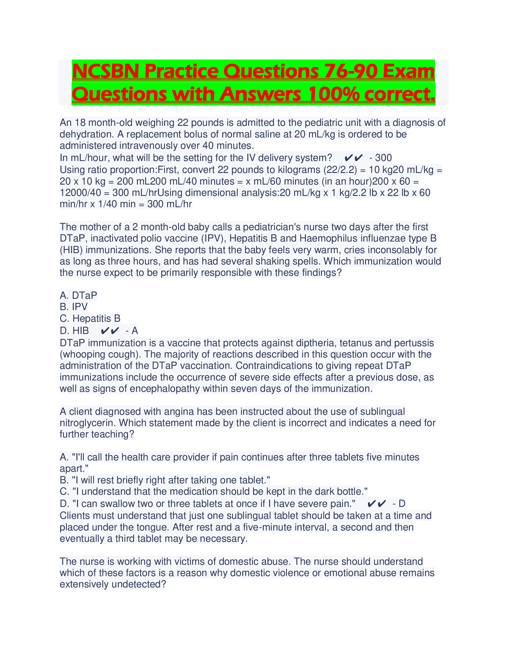 NCSBN Practice Questions 76-90 Exam Questions with Answers 100% correct.