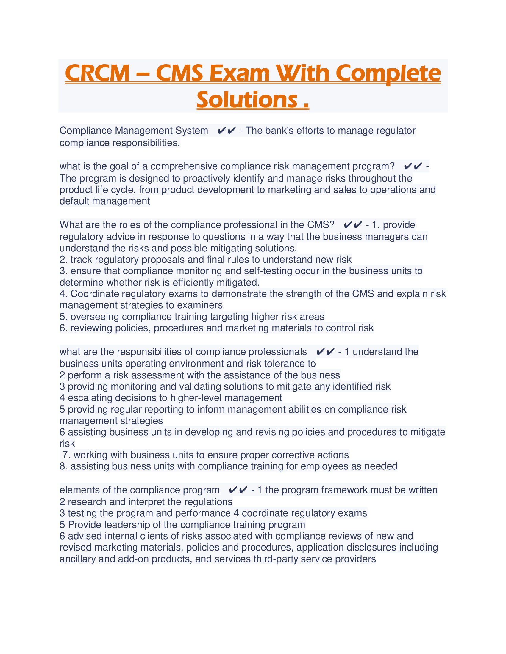 CRCM – CMS Exam With Complete Solutions .